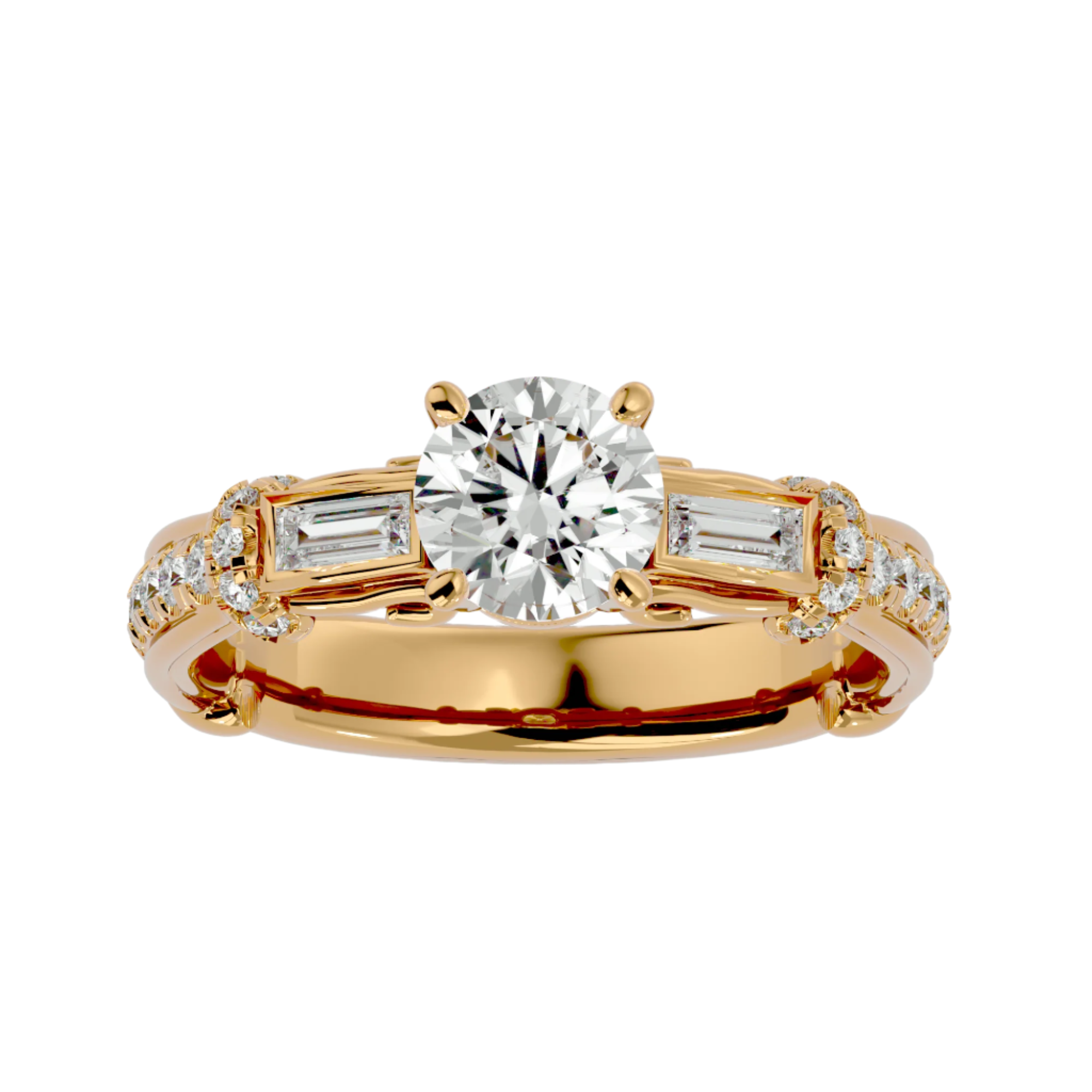 Logan Diamond Solitaire Ladies Ring in gold with a round-cut center diamond, baguette accents, and round diamonds for a luxurious look.