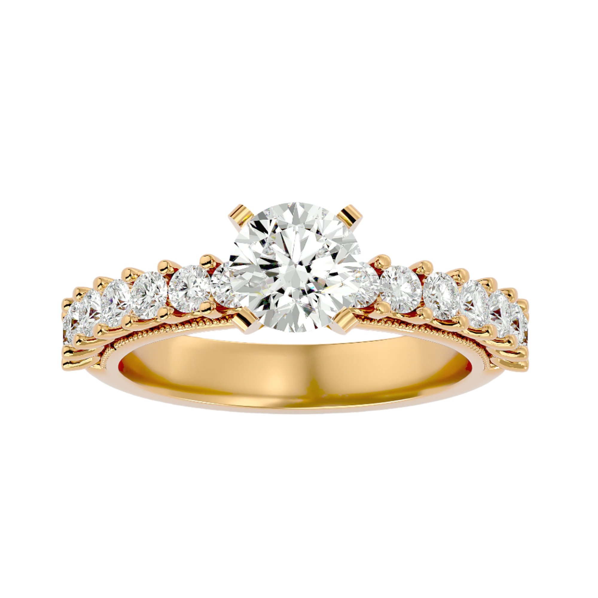 Round-cut diamond in an elevated gold setting band."