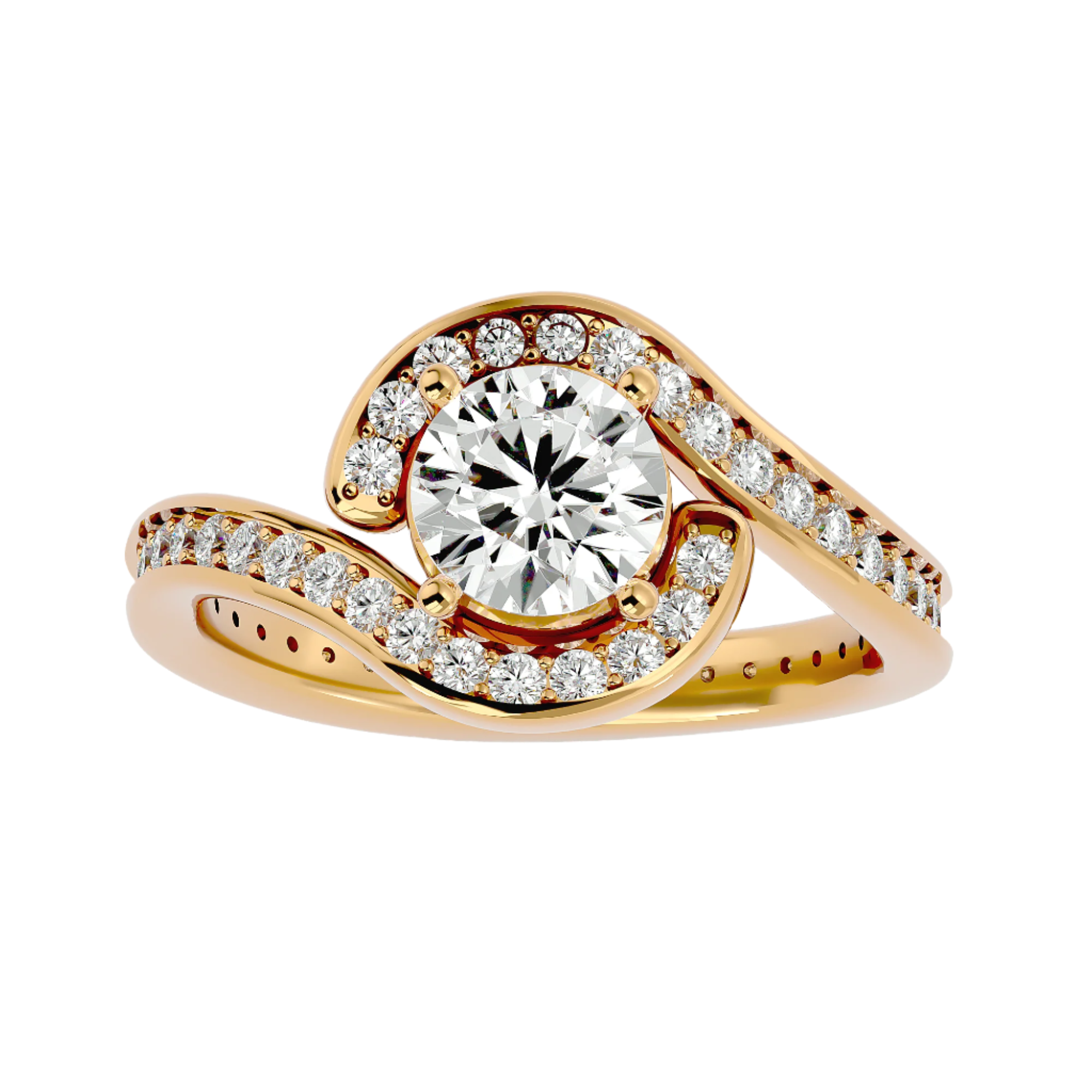 Lauren Diamond Halo Ring with a swirling gold band adorned with round diamonds and a brilliant center stone.