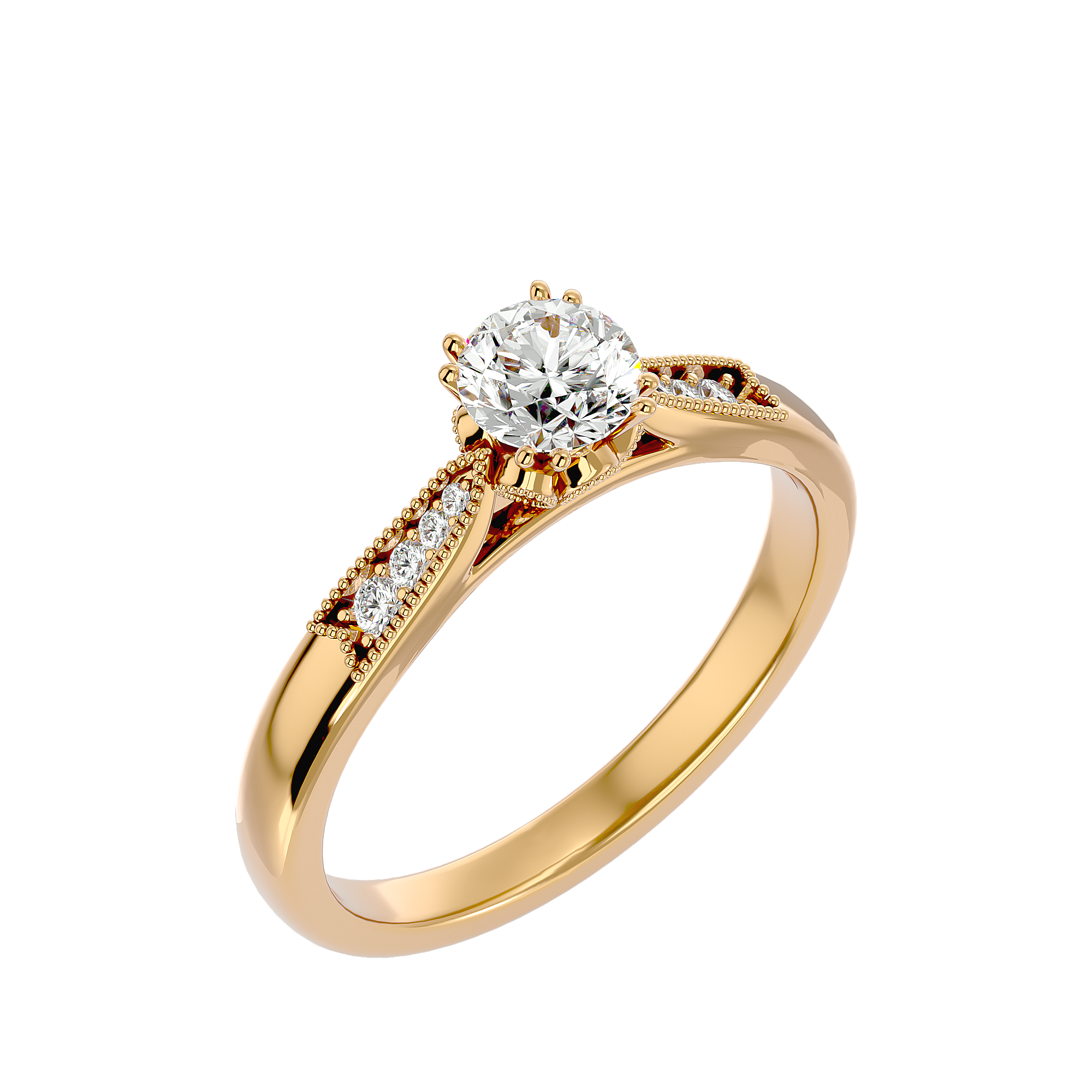 Elliot Diamond Solitaire Ladies Ring: Round-cut diamond in a four-prong gold setting, with a band of consistent width.