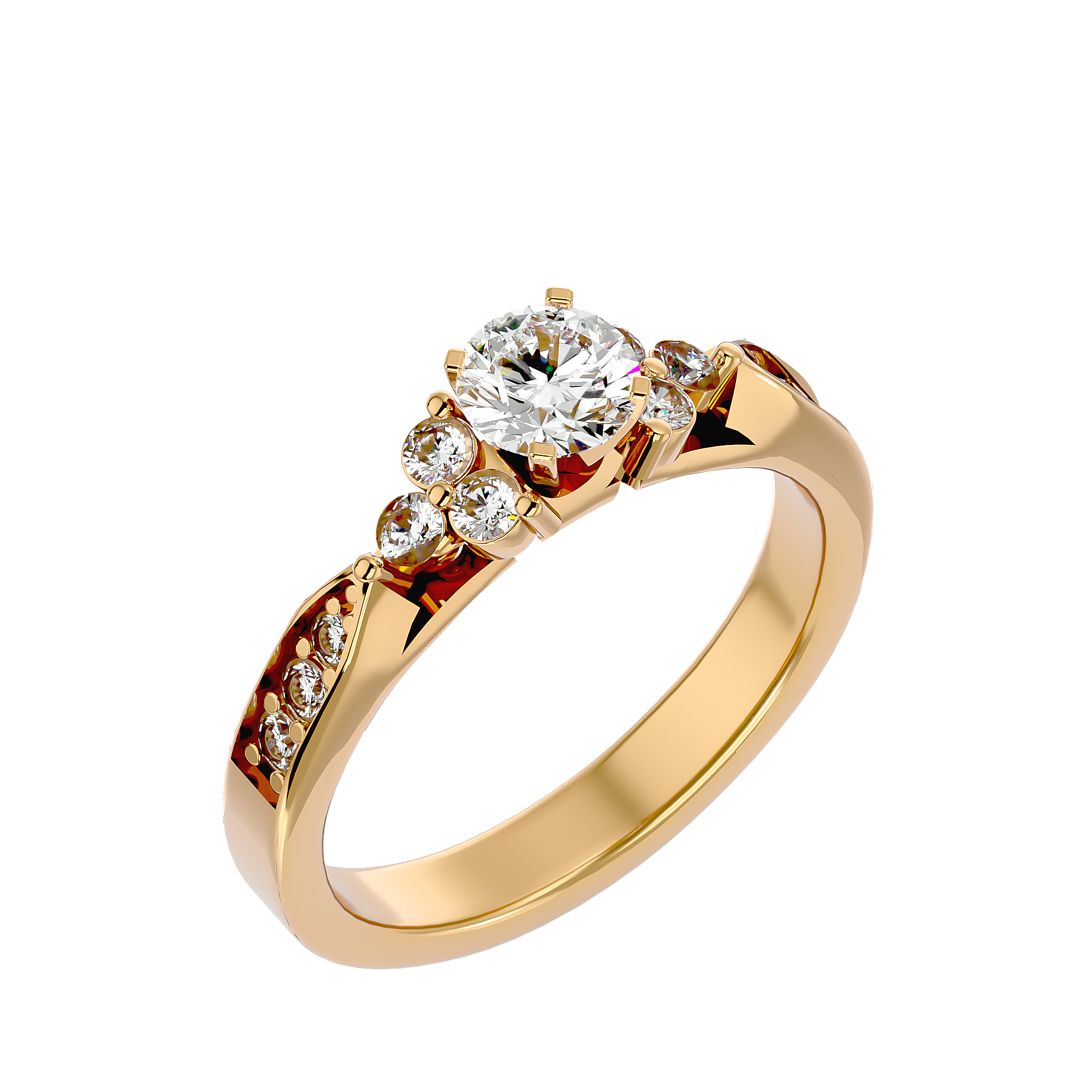 Avery Diamond Solitaire Ladies Ring: Round-cut diamond in a four-prong gold setting, with a thin band.