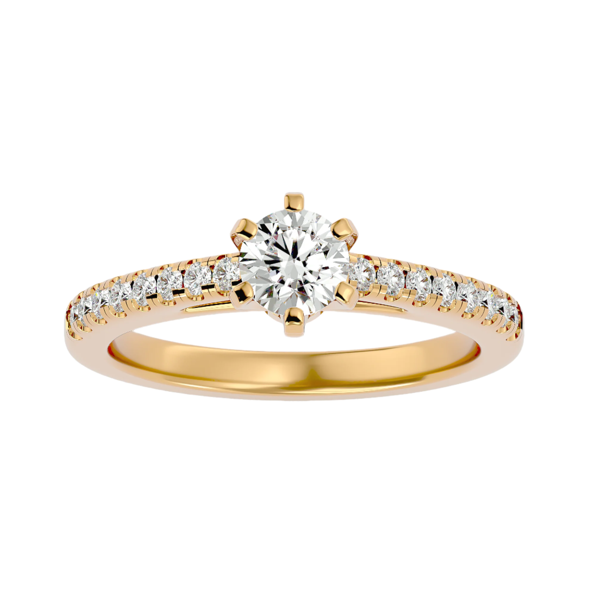 Close-up of Shay Diamond Solitaire Ladies Ring: Gold band with a single sparkling diamond.