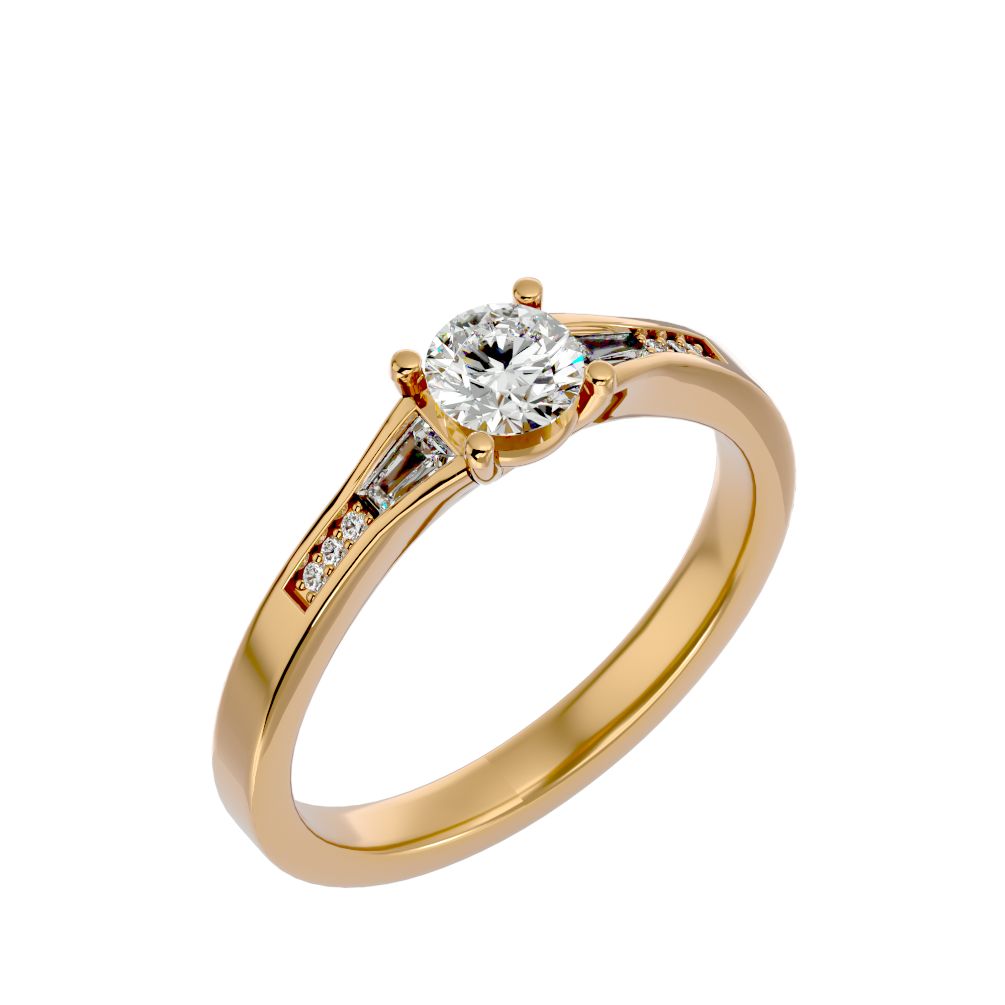 Colette Diamond Solitaire Ring with a round brilliant-cut diamond and two baguette-cut diamond accents in a gold band.
