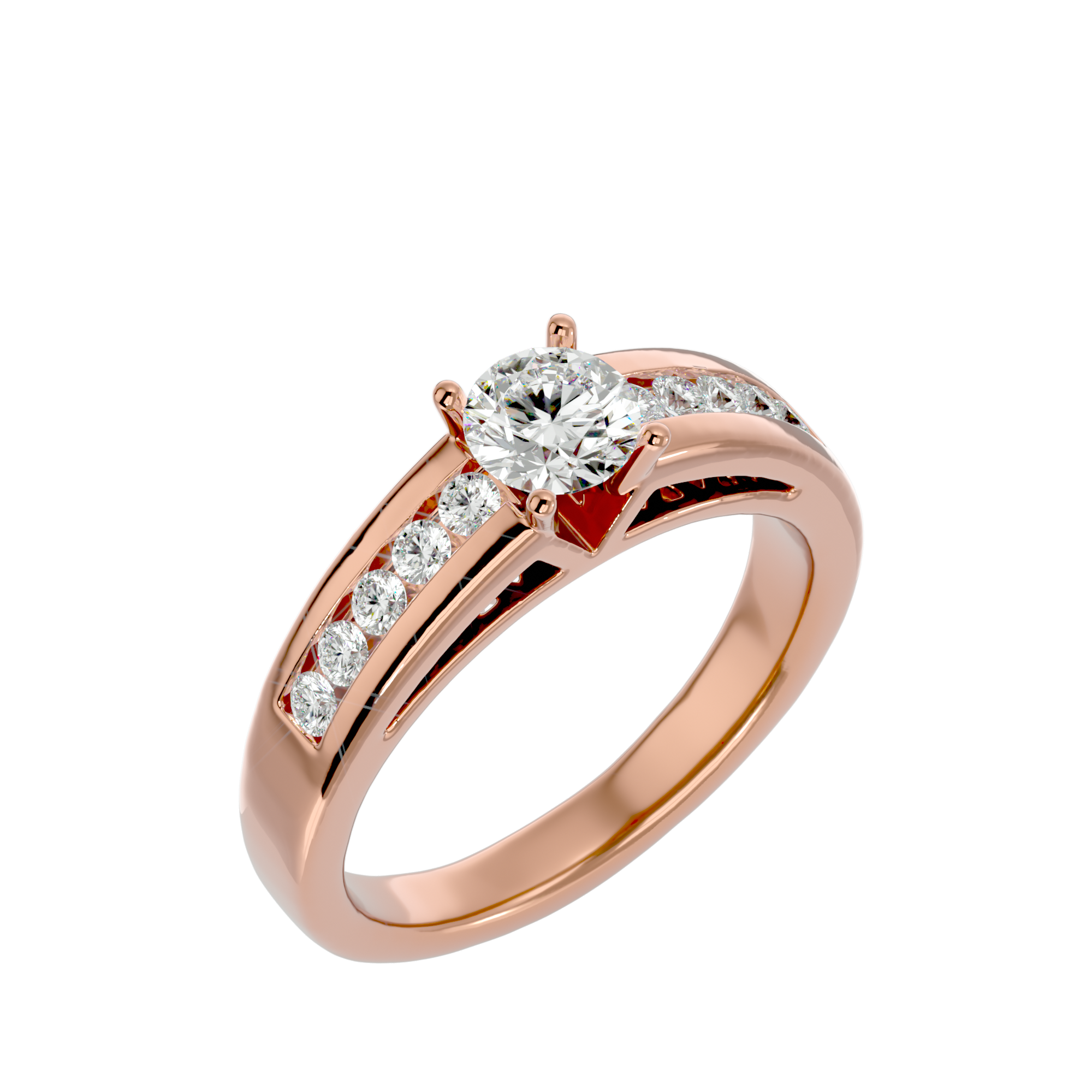 Jacqueline Diamond Solitaire Ring with a prominent center diamond and rows of smaller diamonds both side accenting the gold band.
