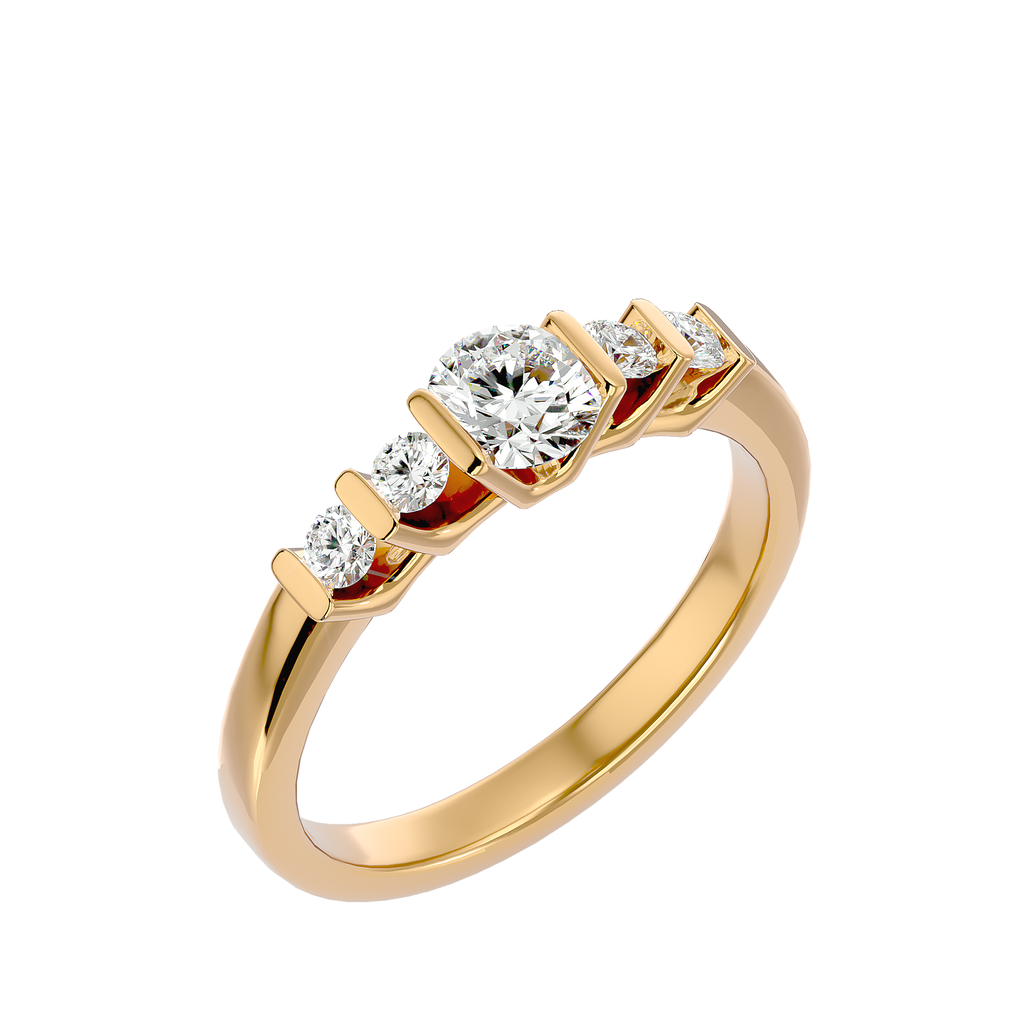 Isabella Diamond Solitaire Ring with a center diamond and four accent diamonds in a gold band.