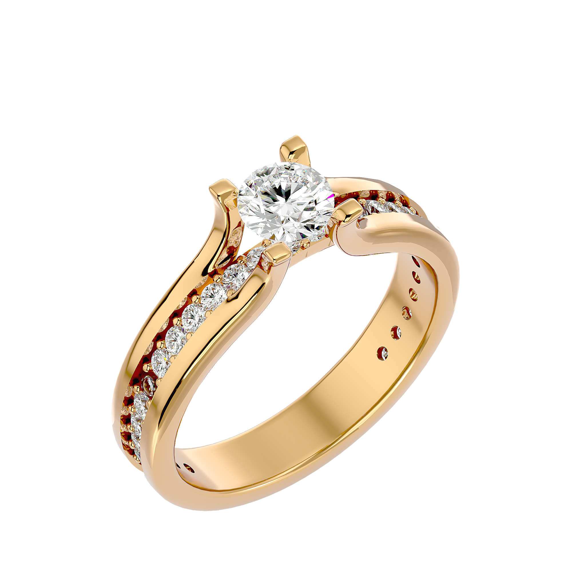 Imogen Diamond Solitaire Ring with a round-cut diamond and diamond accents on the band.