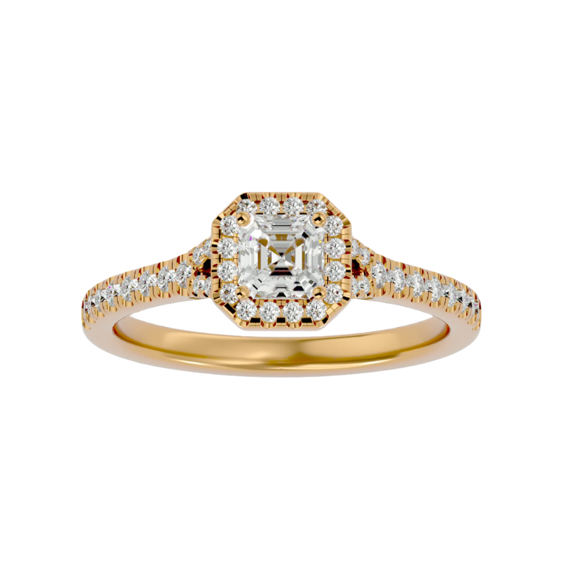 Karine Diamond Halo Ring with Asscher-cut diamond, surrounded by a diamond halo and accented gold band.
