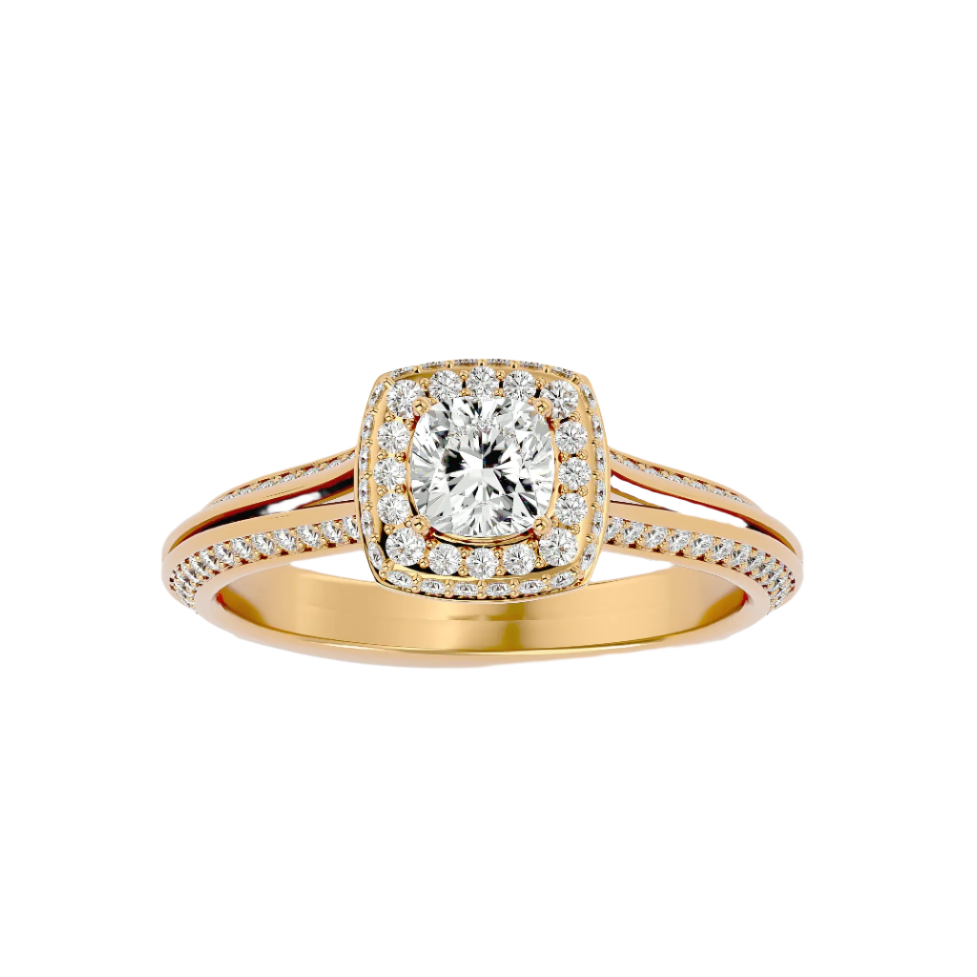 Juliet Diamond Halo Ring with cushion-cut diamond, surrounded by a halo of smaller diamonds on a split-shank gold band.