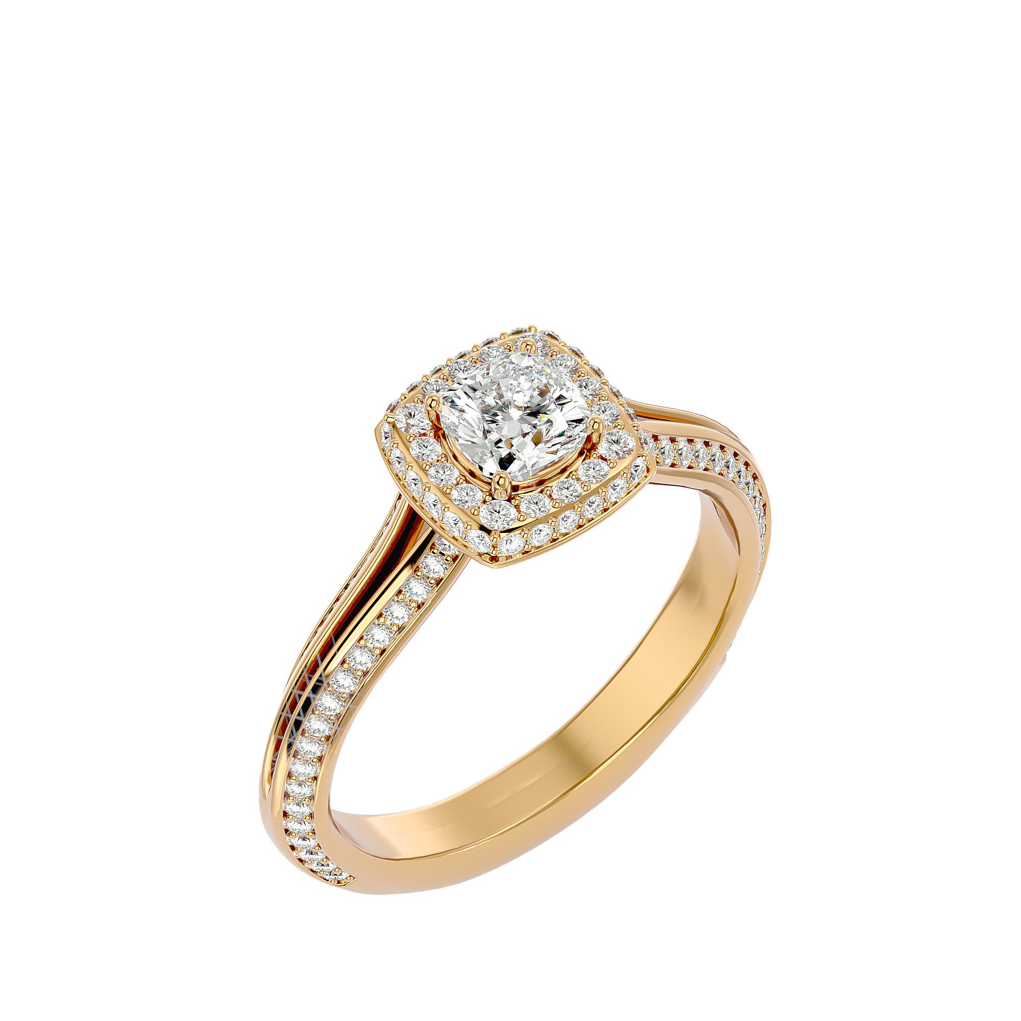 Juliet Diamond Halo Ring with cushion-cut diamond, surrounded by a halo of smaller diamonds on a split-shank gold band.