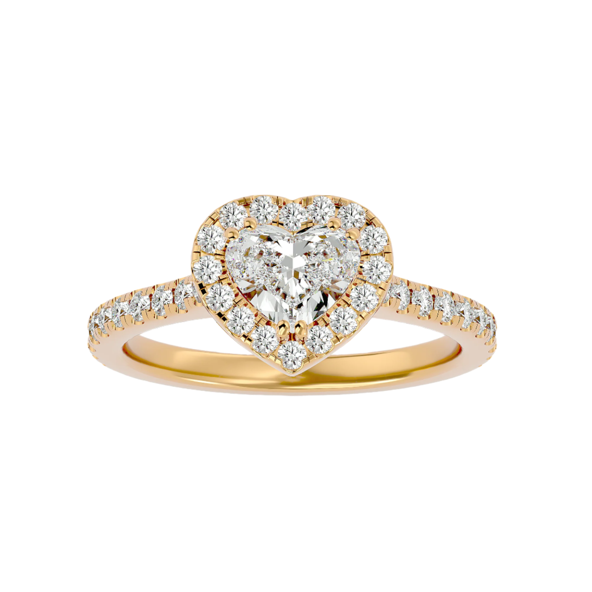 Olivia Diamond Halo Ring with heart-shaped center stone, diamond halo setting, and gold band design.