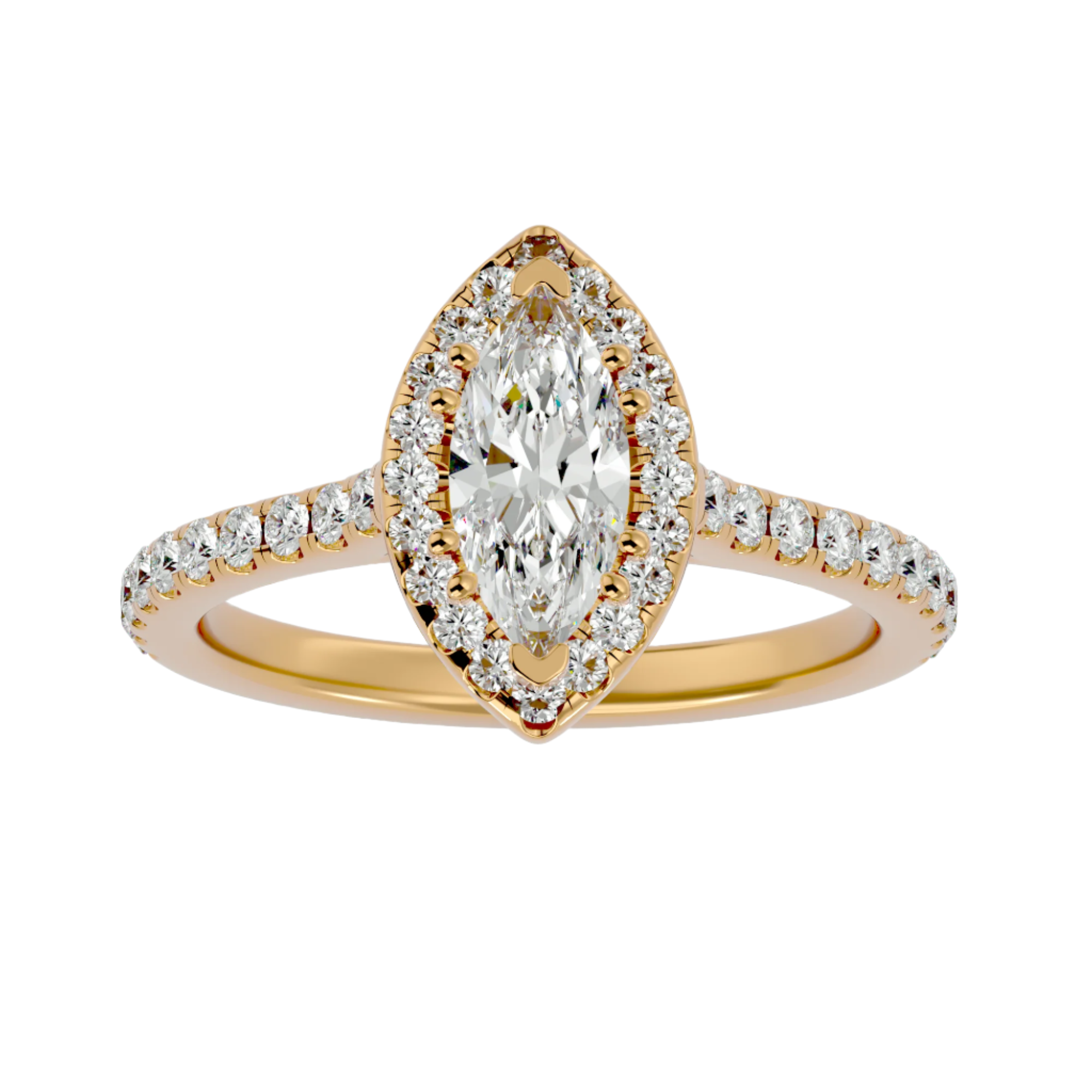 Odette Diamond Halo Ring with marquise-cut center stone, diamond halo setting, and gold band design.