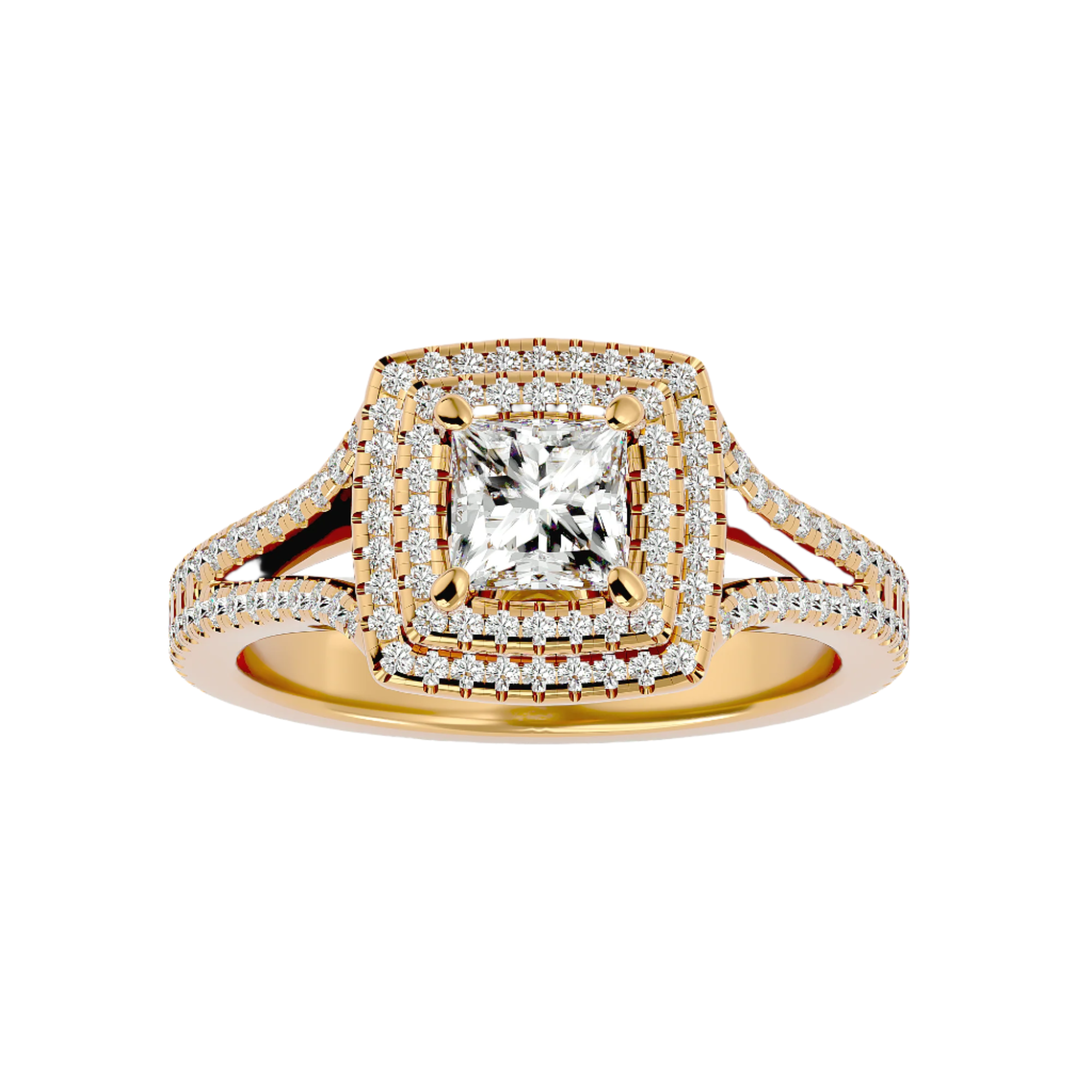 Jemima Diamond Halo Ring with a princess-cut center diamond, double halo, and split shank band in gold.