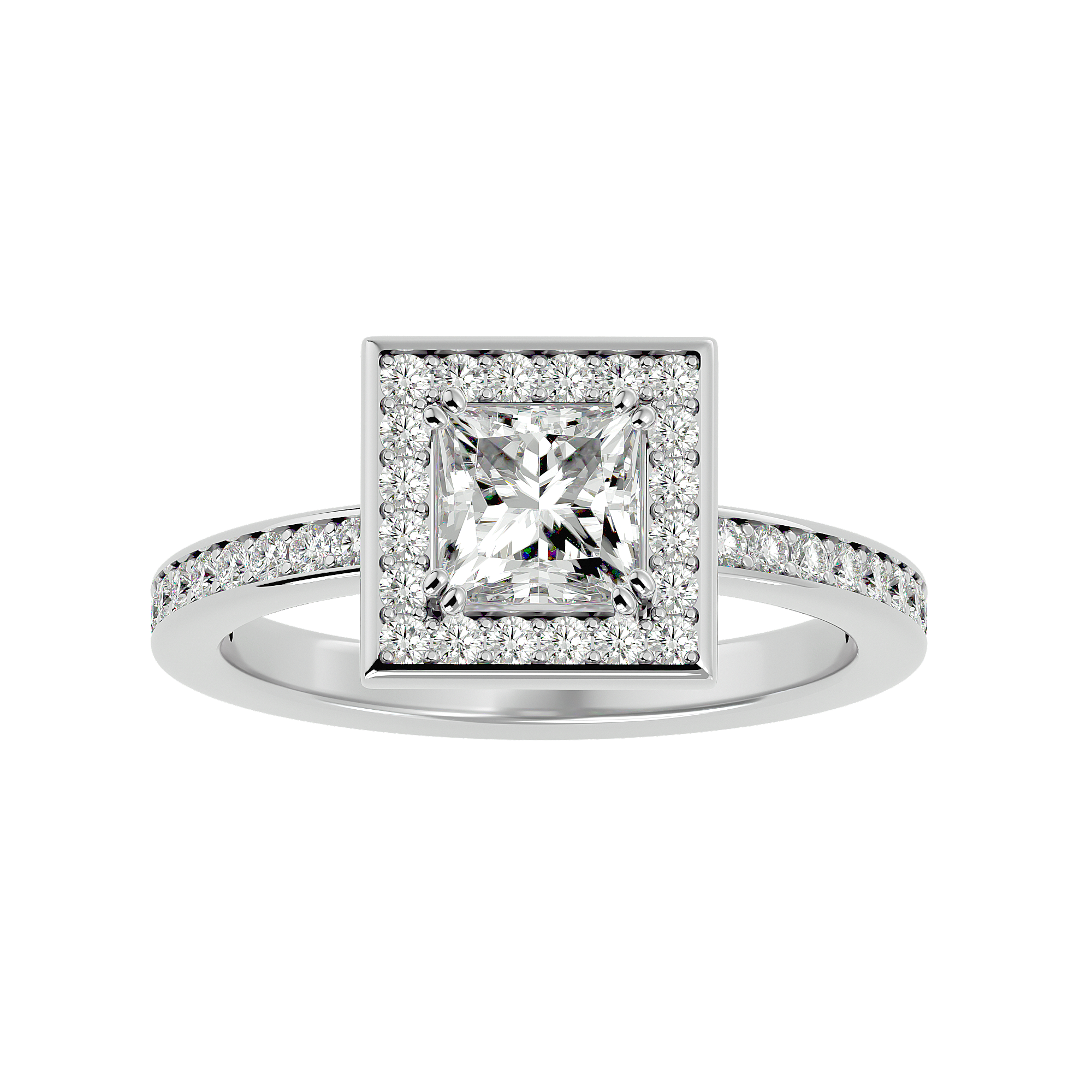 Jolie Diamond Halo Ring with princess-cut center diamond, square halo setting, and pavé diamond band in white gold.