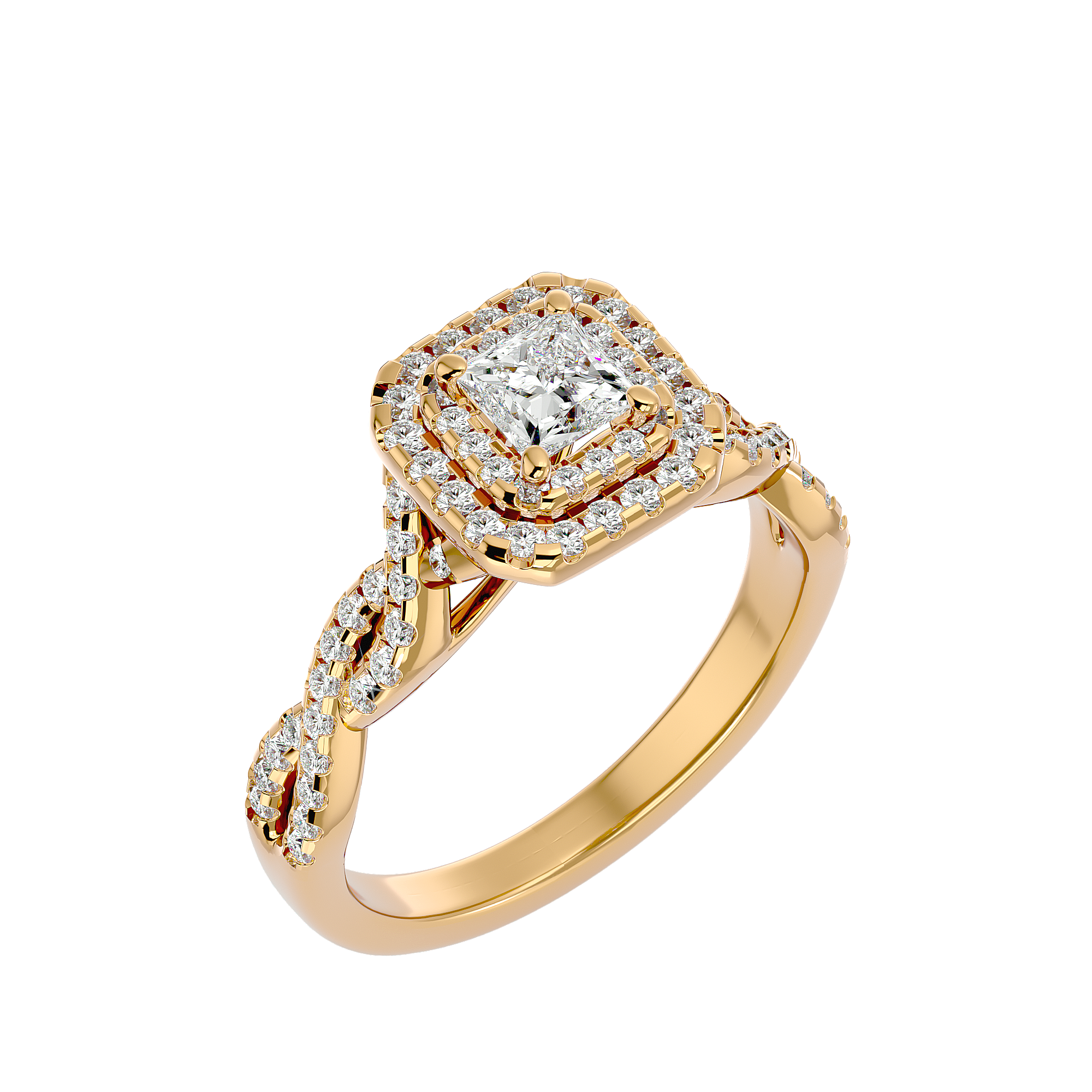 Hermione Diamond Halo Ring with a princess-cut center diamond, double halo, and twisted diamond-studded band in gold.