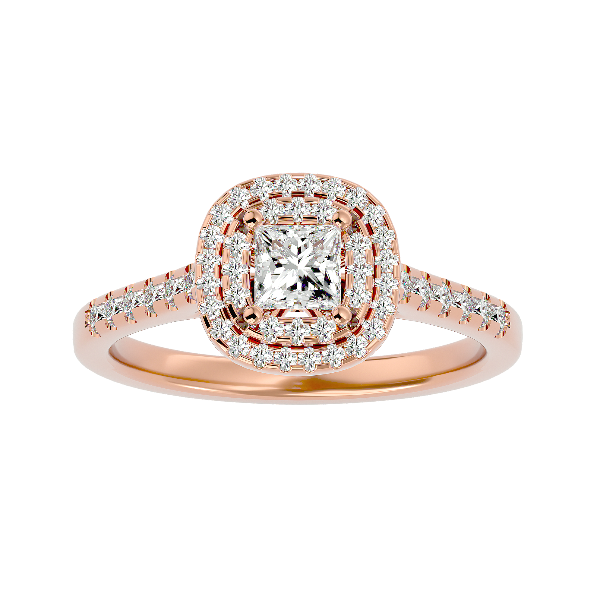 Octavia Diamond Halo Ring with princess-cut center stone, double halo design, and gold diamond-accented band.