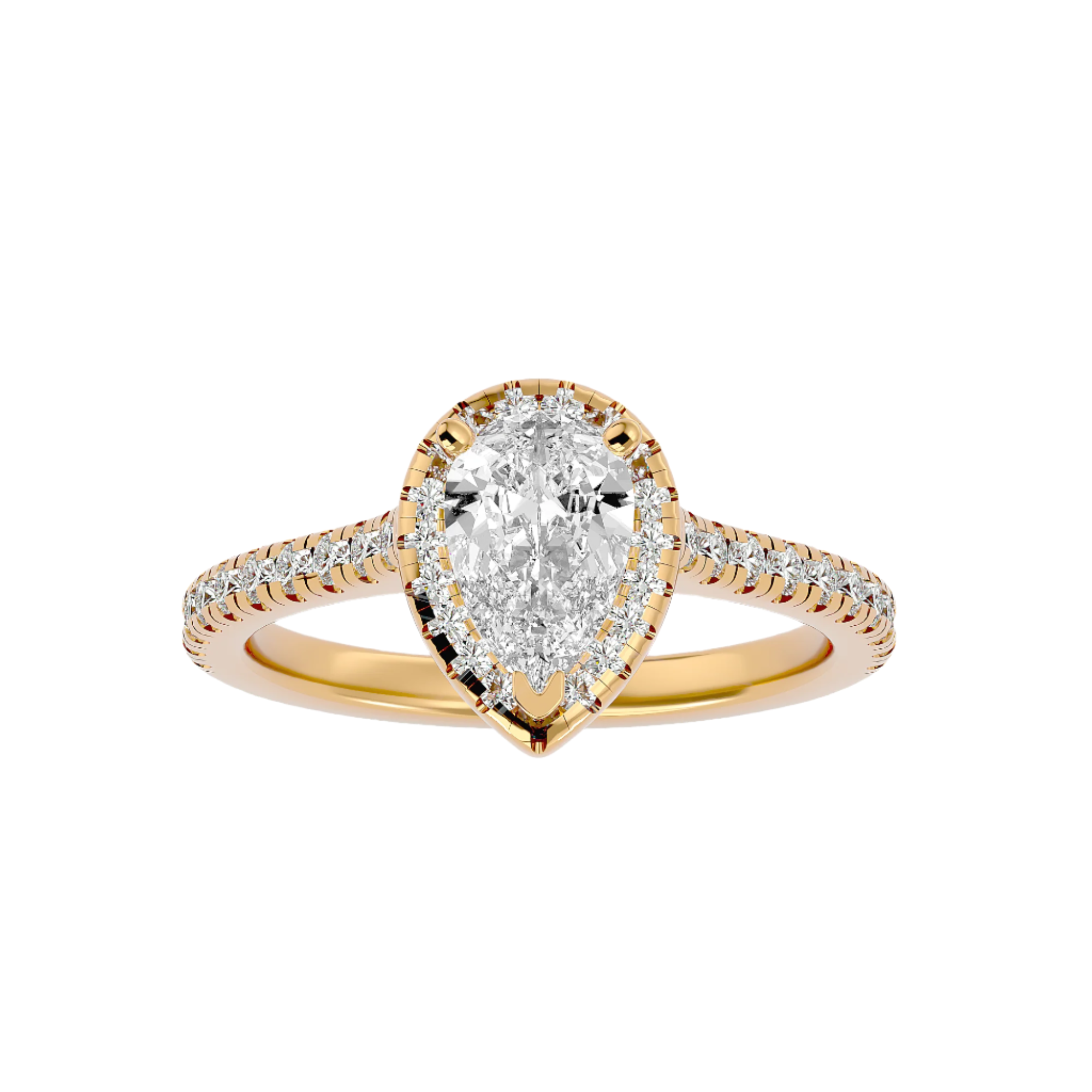 Natalia Diamond Halo Ring with pear-shaped diamond center, surrounded by a diamond halo and gold band.