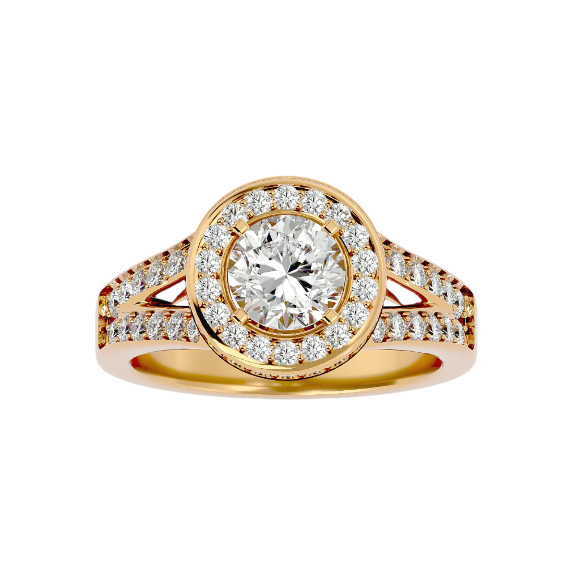 Henrietta Diamond Halo Ring with a round-cut center diamond, floating halo, and split-shank pavé band in gold."