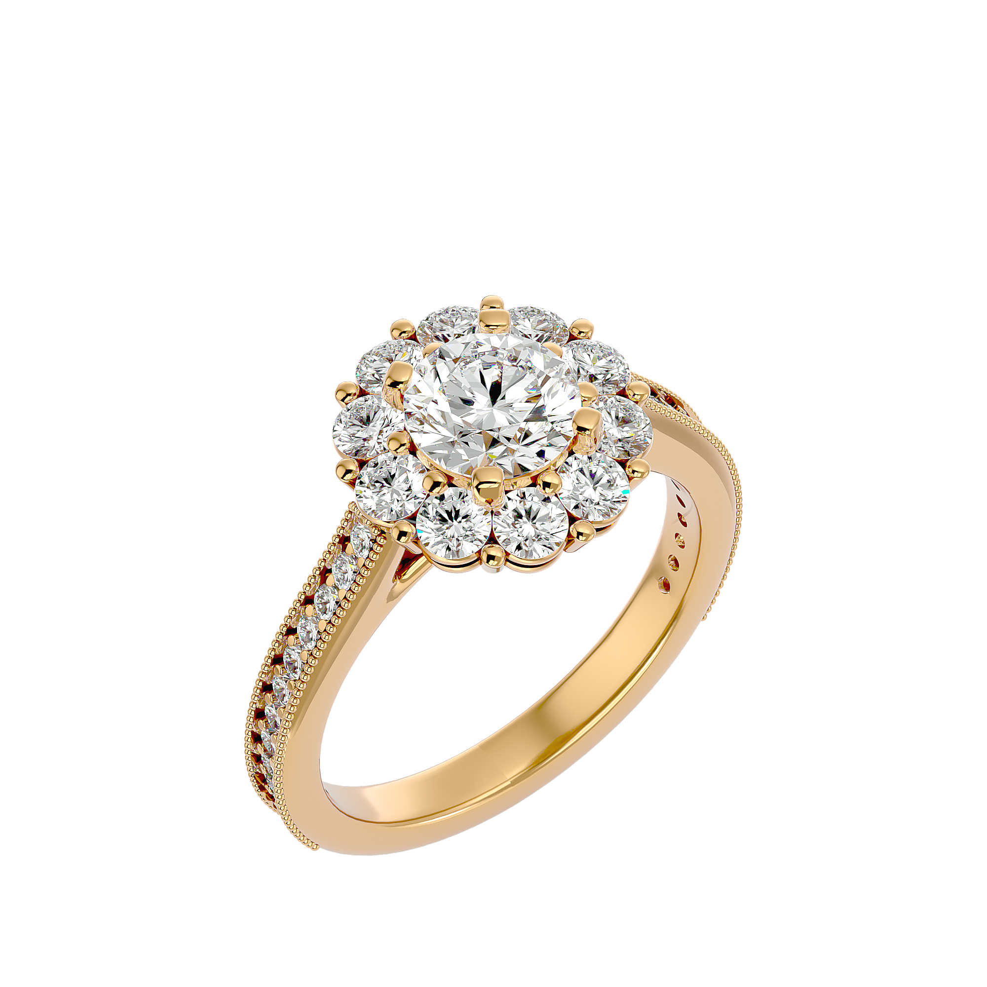 Gwendolyn Diamond Halo Ring with a floral-inspired diamond halo, round-cut center stone, and milgrain-detailed pavé band in gold.