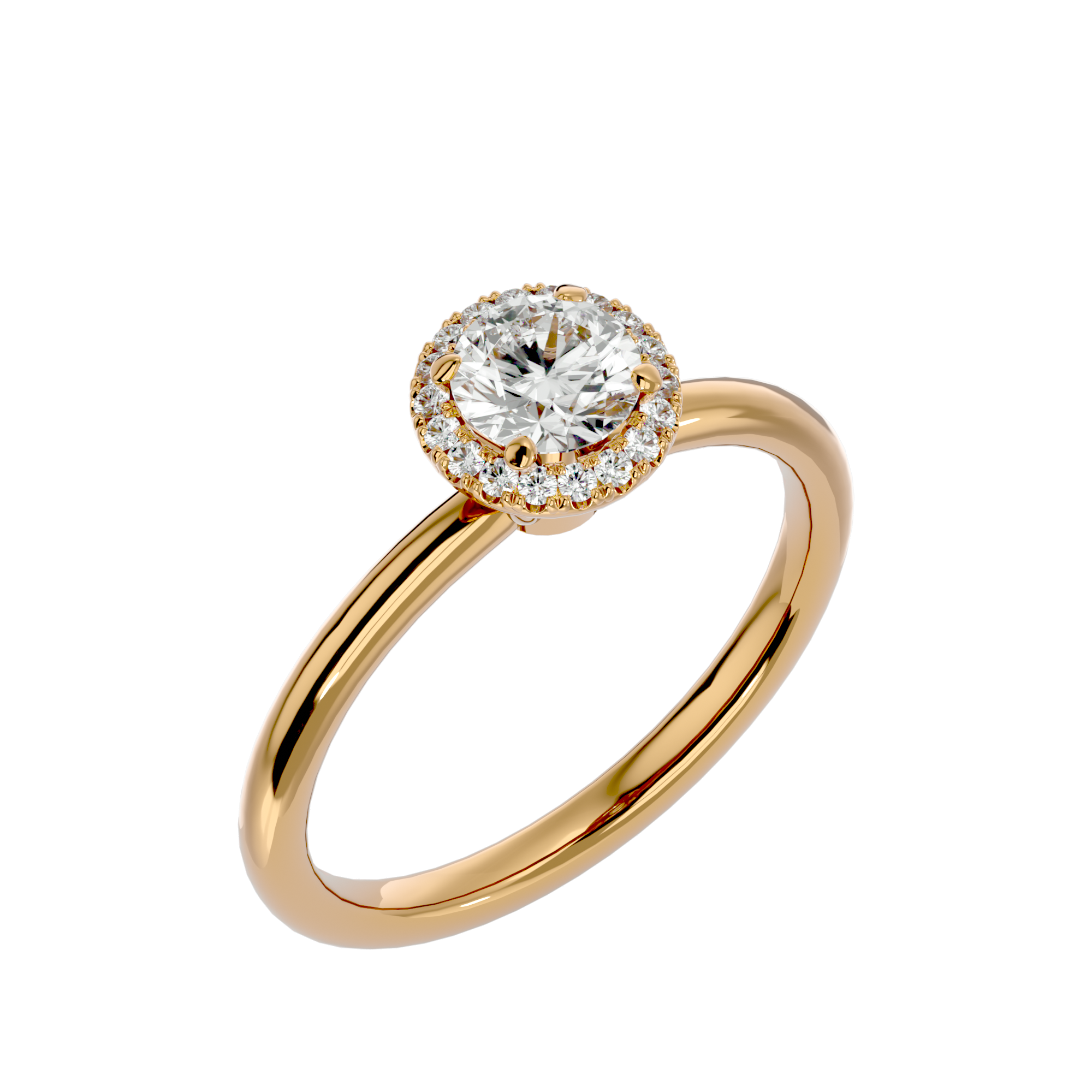 Grace Diamond Halo Ring with a round-cut center diamond, surrounded by a delicate halo on a sleek gold band.