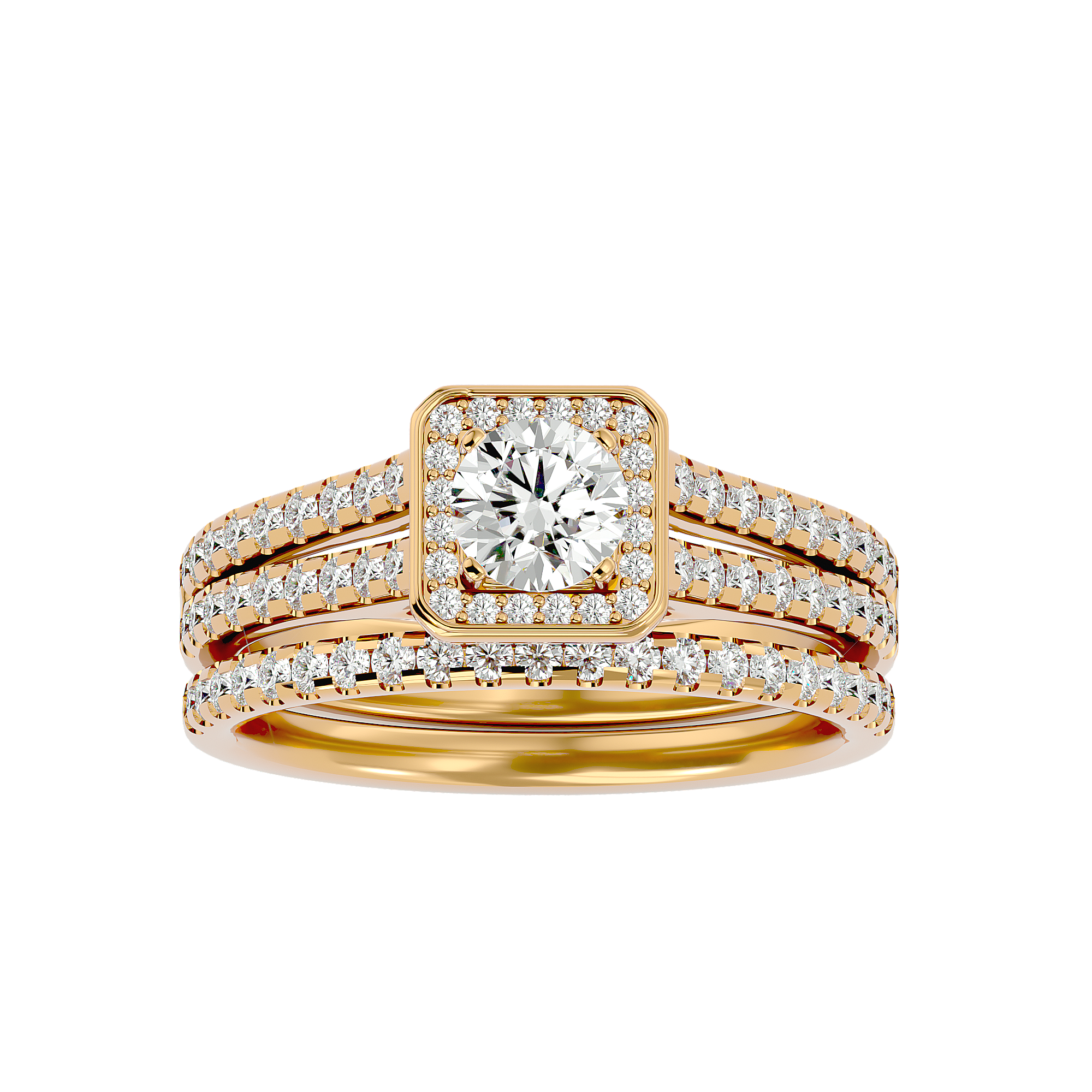 Zephyr Diamond Ring with round-cut diamond center stone, square halo design, and double diamond-accented gold band.