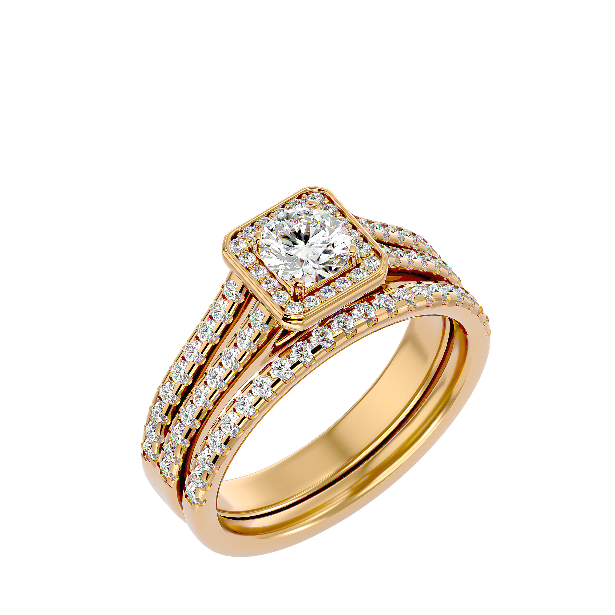 Zephyr Diamond Ring with round-cut diamond center stone, square halo design, and double diamond-accented gold band.