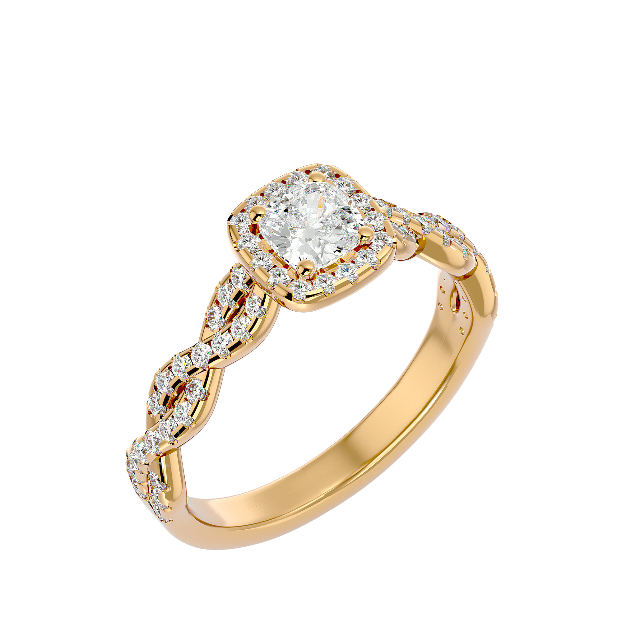 Giada Diamond Halo Ring with a cushion-cut center diamond, halo setting, and twisted diamond-encrusted band in gold.