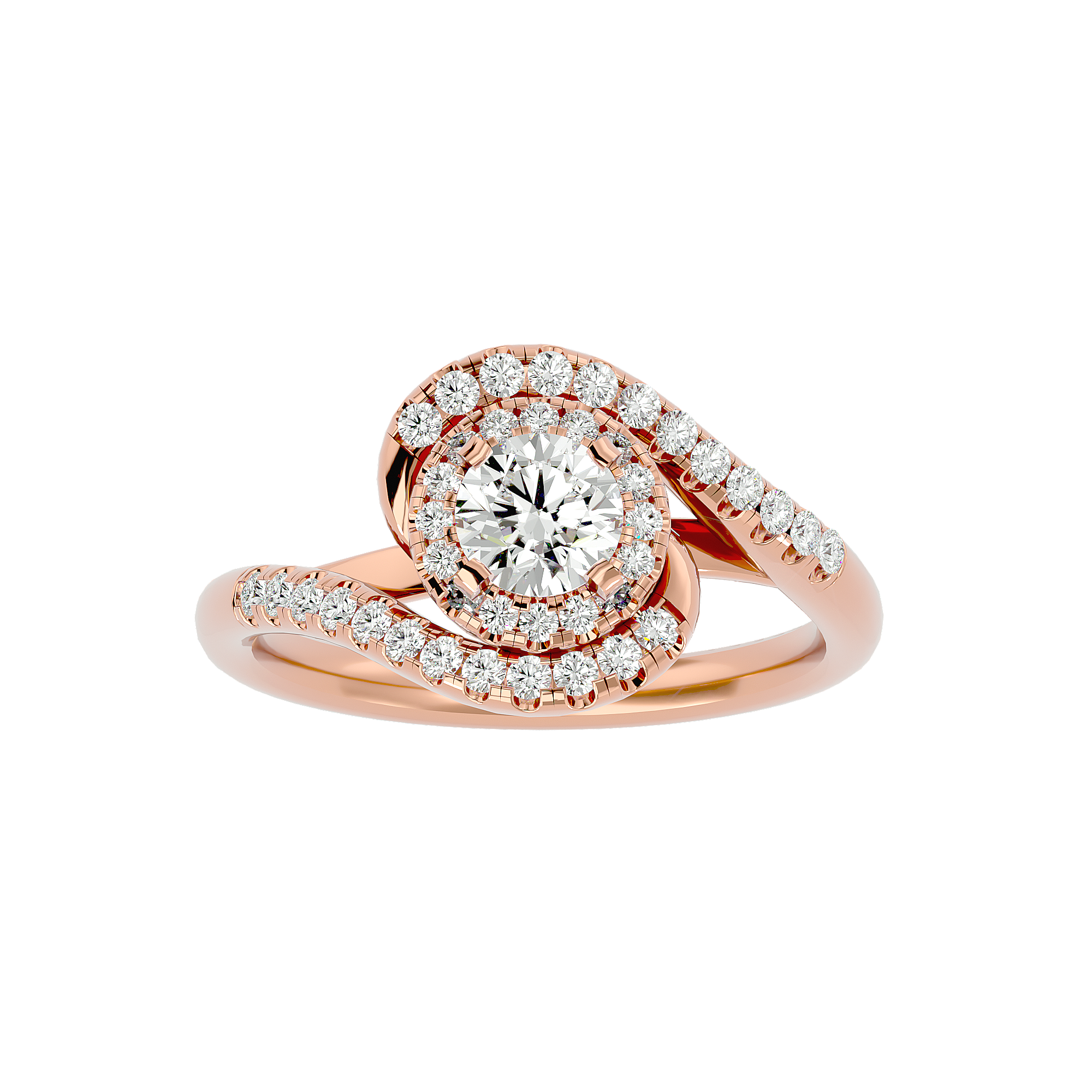 Frederica Diamond Halo Ring with a round center diamond, surrounded by a swirling diamond-encrusted gold band.