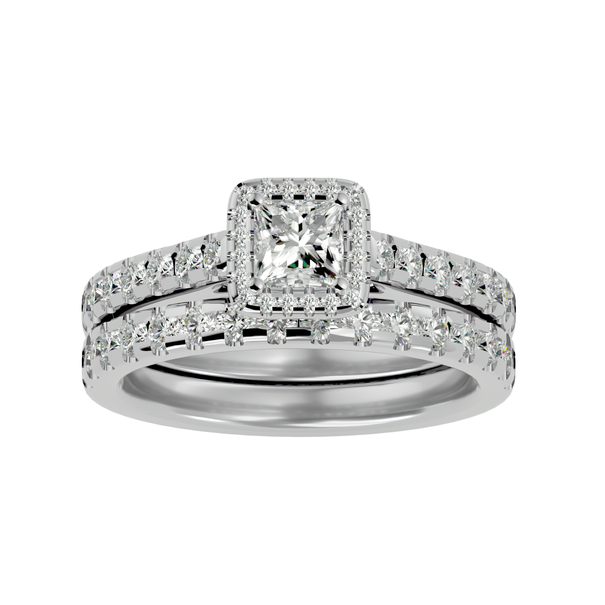 Princess-cut diamond ring with dual diamond-studded bands in gold setting, featuring a halo of shimmering diamonds for added brilliance.