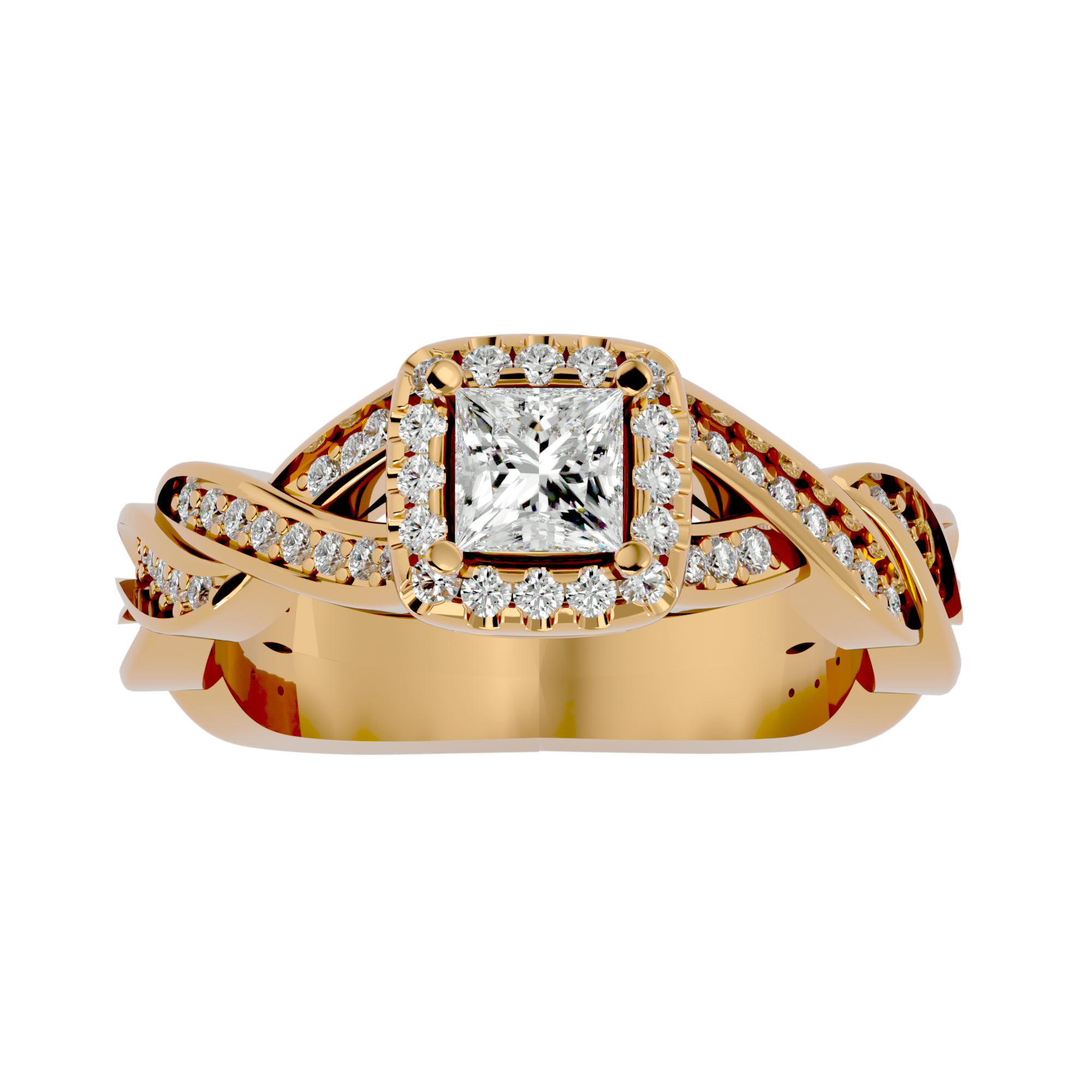 Francesca Diamond Halo Ring with a princess-cut center diamond, halo setting, and an interwoven diamond-studded gold band.