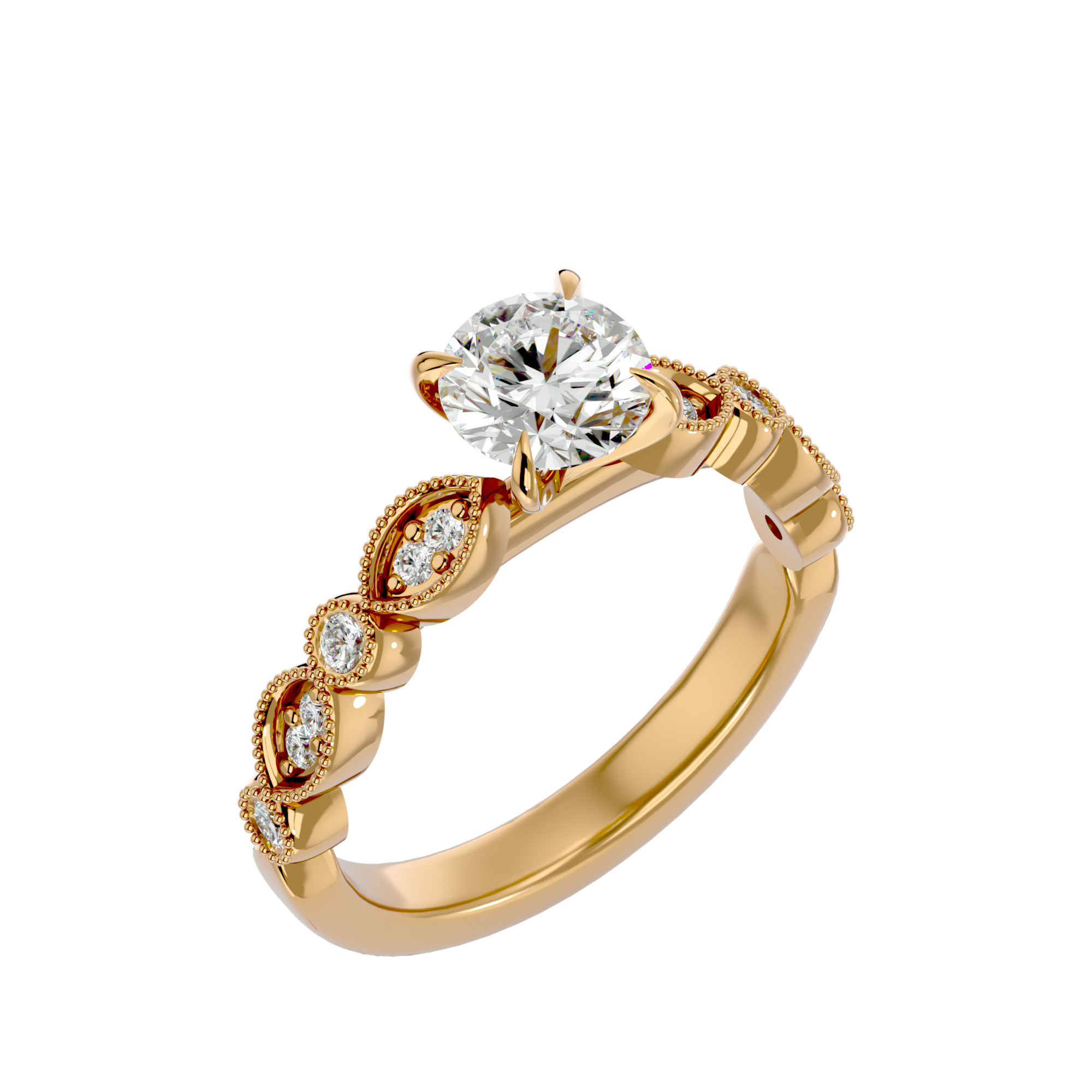 Angelica Solitaire Ring with a scalloped halo setting, featuring a center diamond and an intricate gold band.