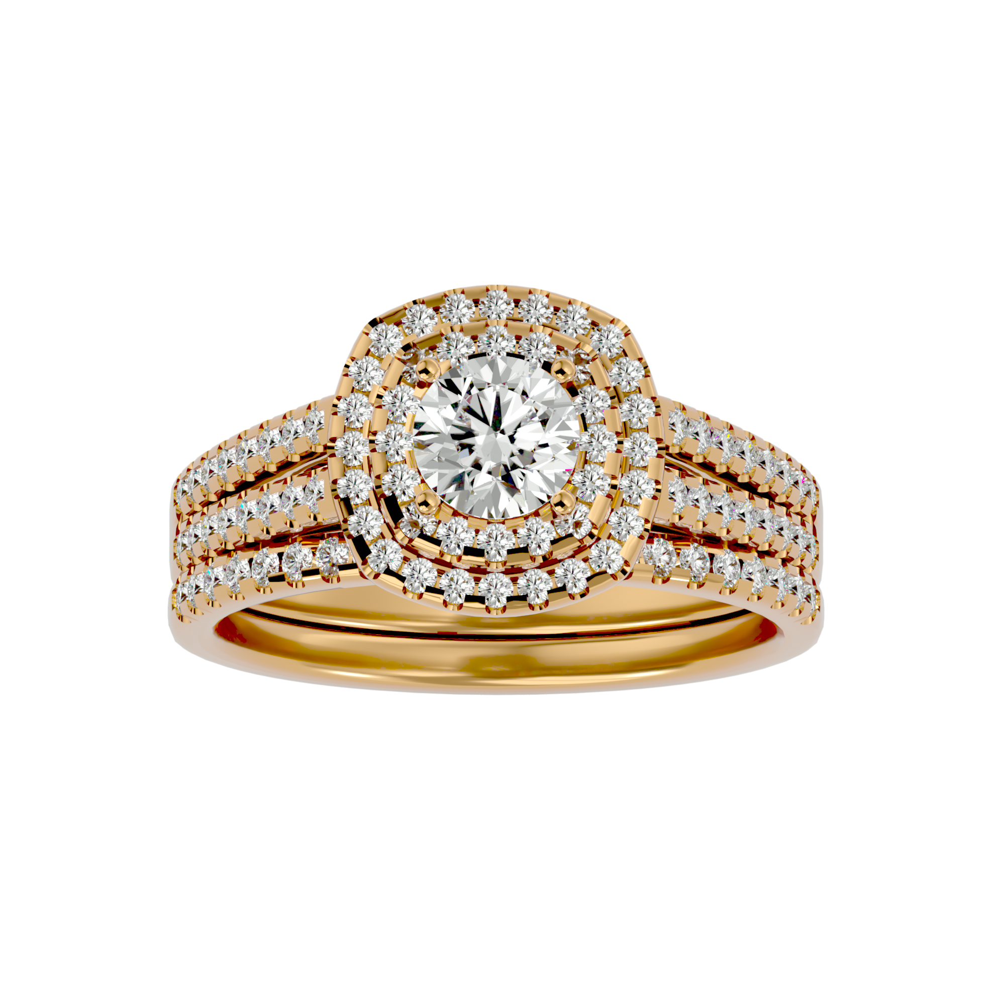 Round-cut diamond ring with double halo and triple-row diamond-studded gold band for enhanced brilliance
