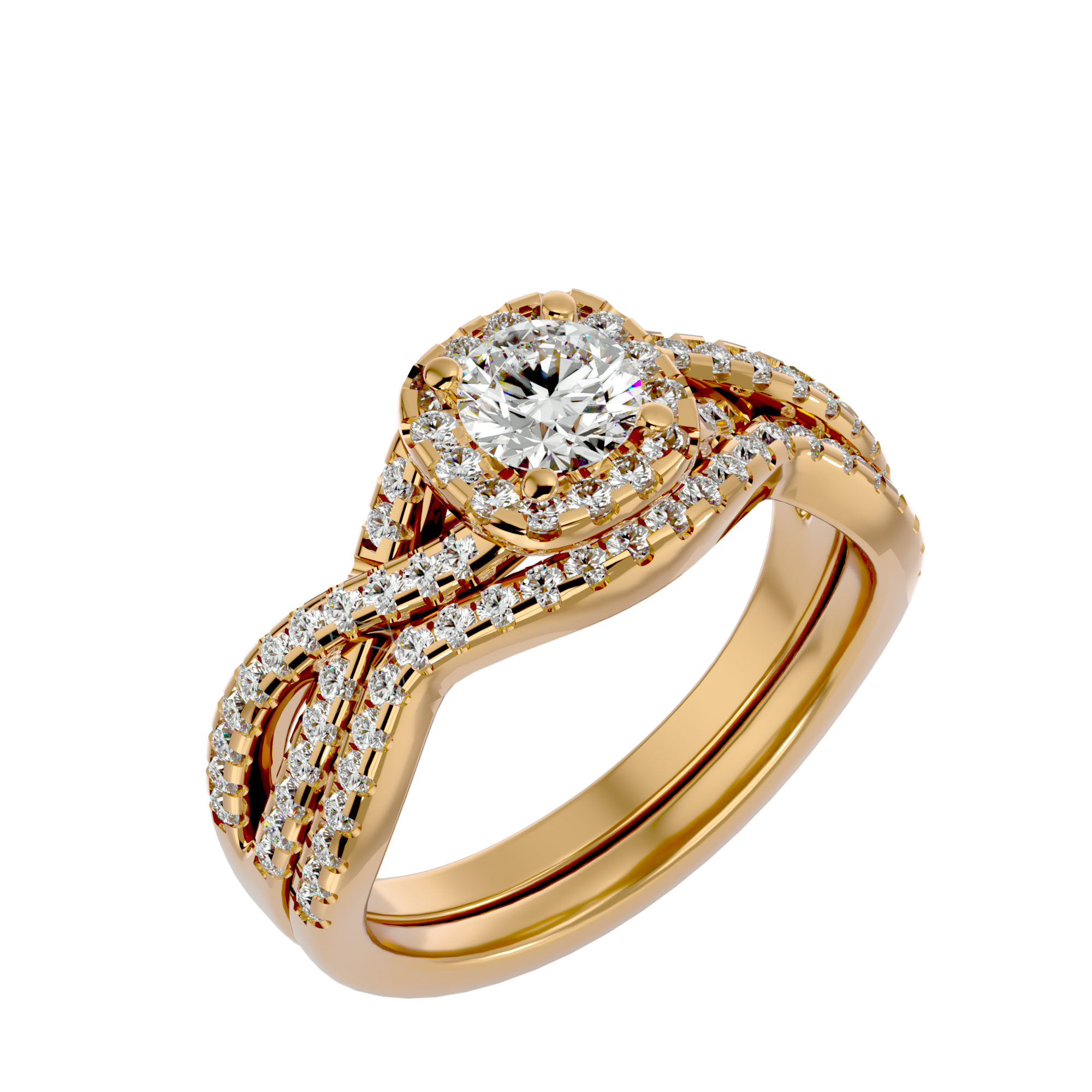 Allosia Diamond Ring with round-cut center stone, diamond halo setting, and gold crossover band design.