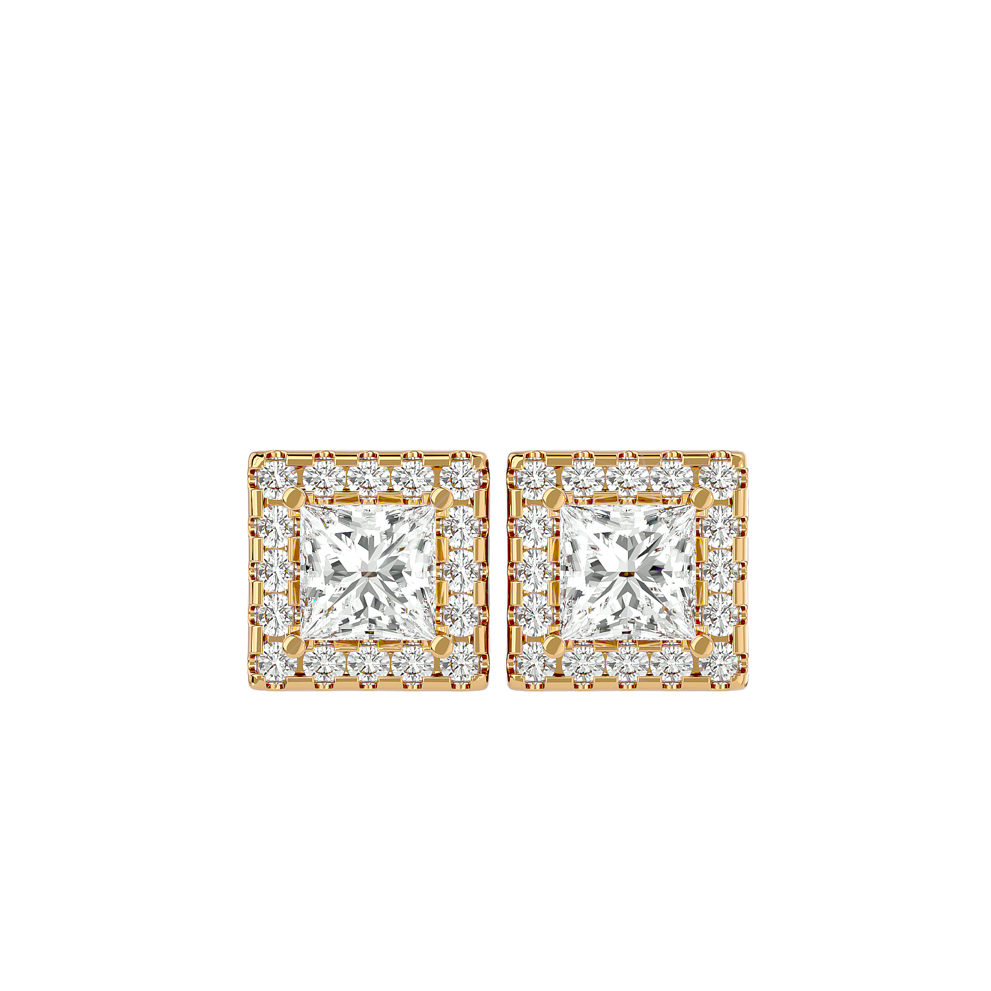 Luna Diamond Earrings featuring princess-cut diamonds with a halo of round diamonds set in gold for a radiant finish.