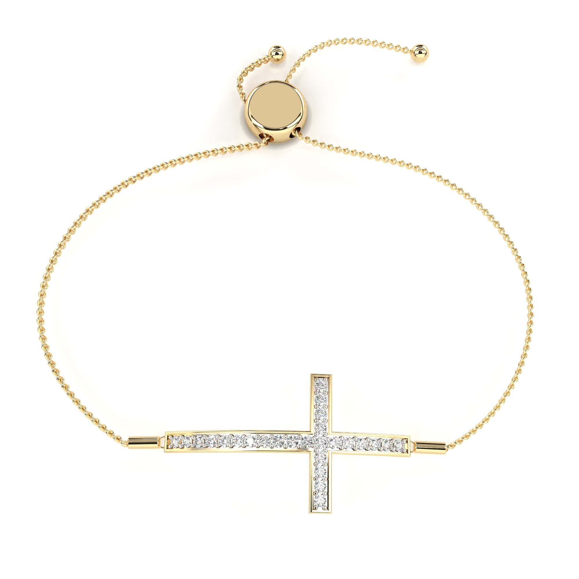 Elegant Iris Diamond Cross Bracelet in gold with sparkling diamonds, featuring an adjustable chain for a perfect fit.