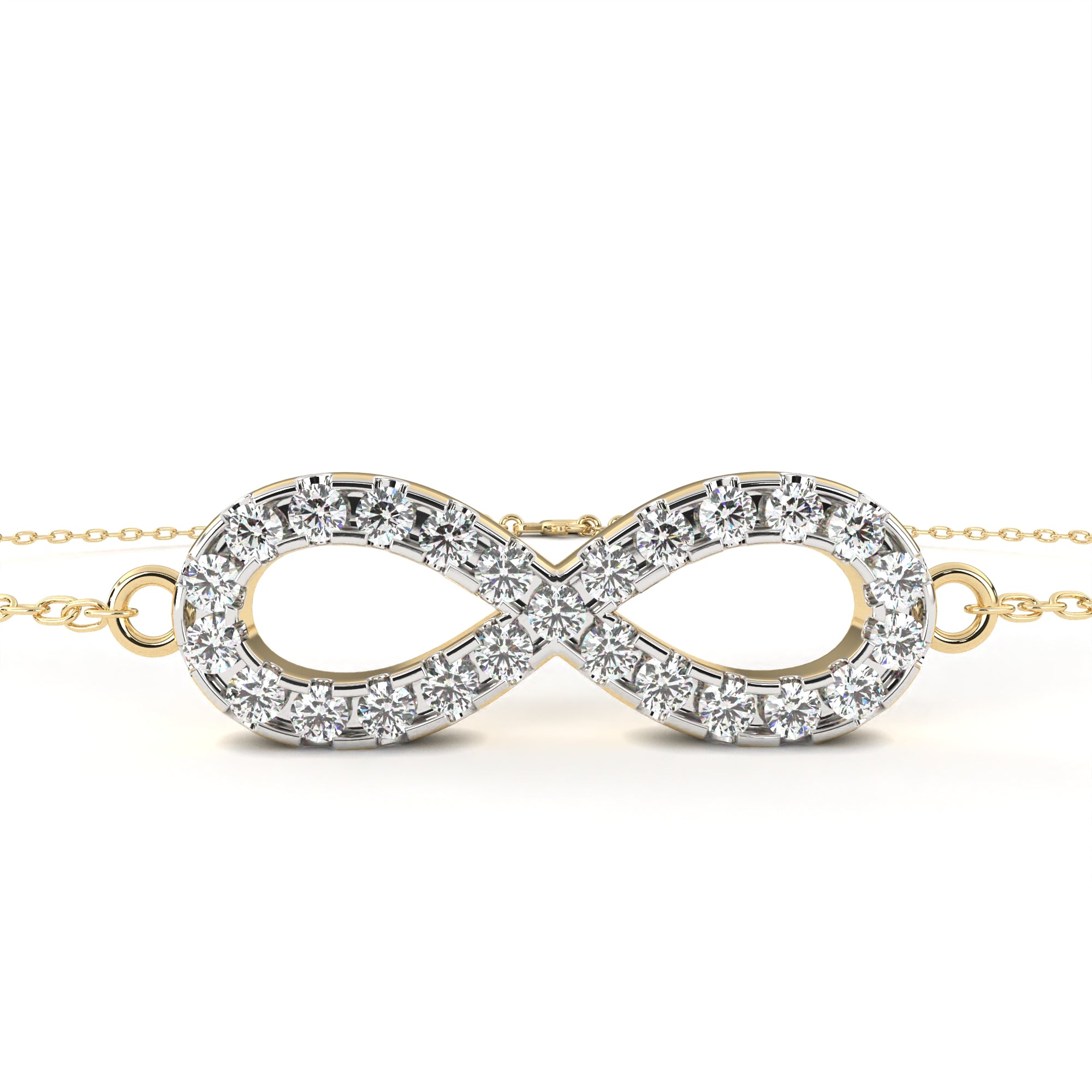 Elegant Insignia Diamond Infinity Bracelet with gold chain, featuring dazzling diamonds for a timeless look.