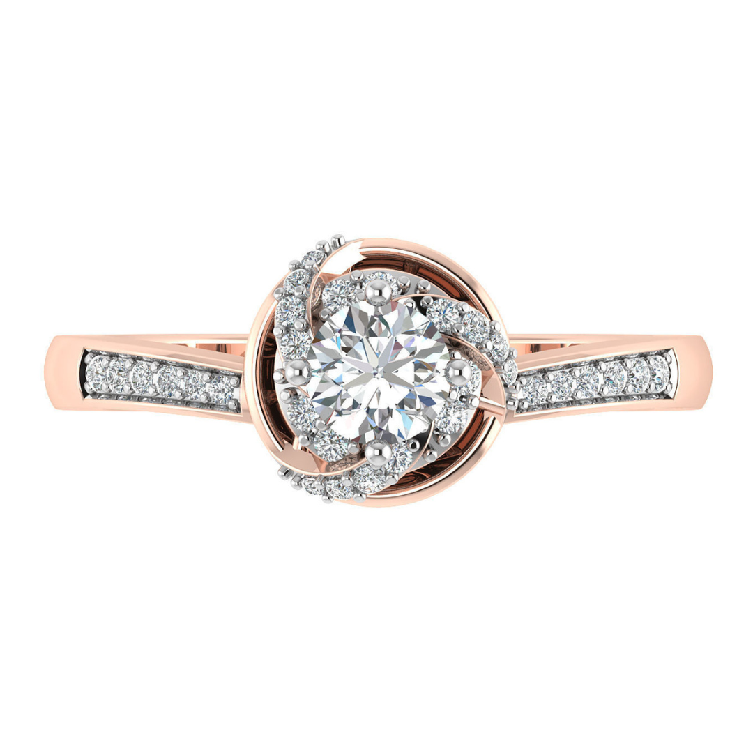 Verity Diamond Ladies Ring in rose gold with a round-cut center diamond, swirl-inspired detailing, and diamond-accented band for a radiant look.