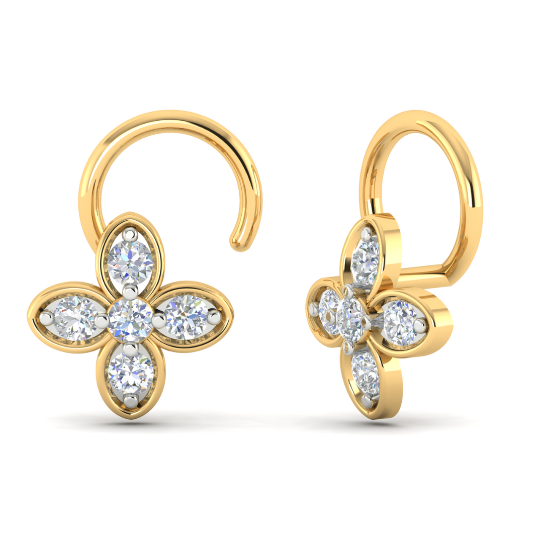 Gold nosepin with a cluster of round diamonds in a floral-inspired design.