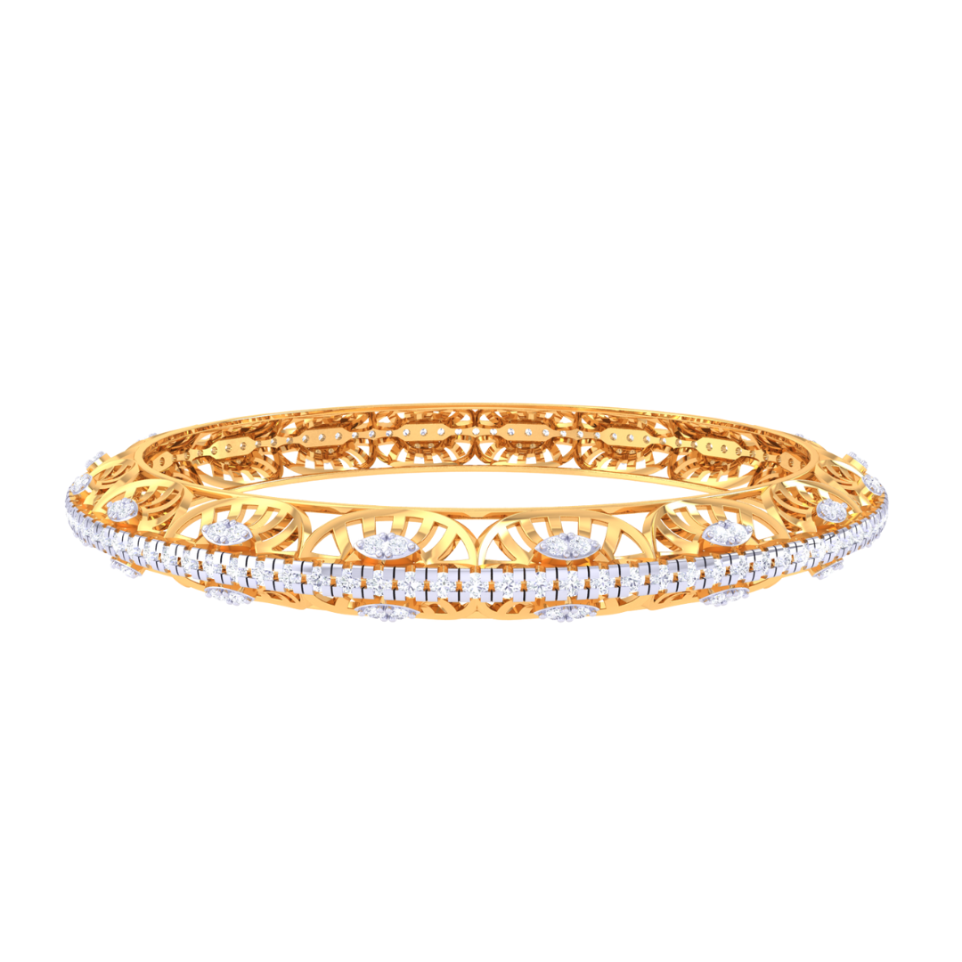 Close-up of Scarlett Diamond Bangles: Open-cuff gold bangles adorned with sparkling diamonds.