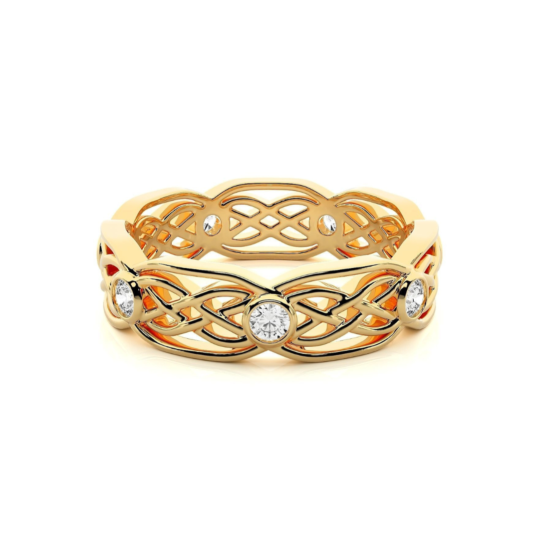Gold diamond ring with an intricate interwoven design and round diamonds set within the pattern.