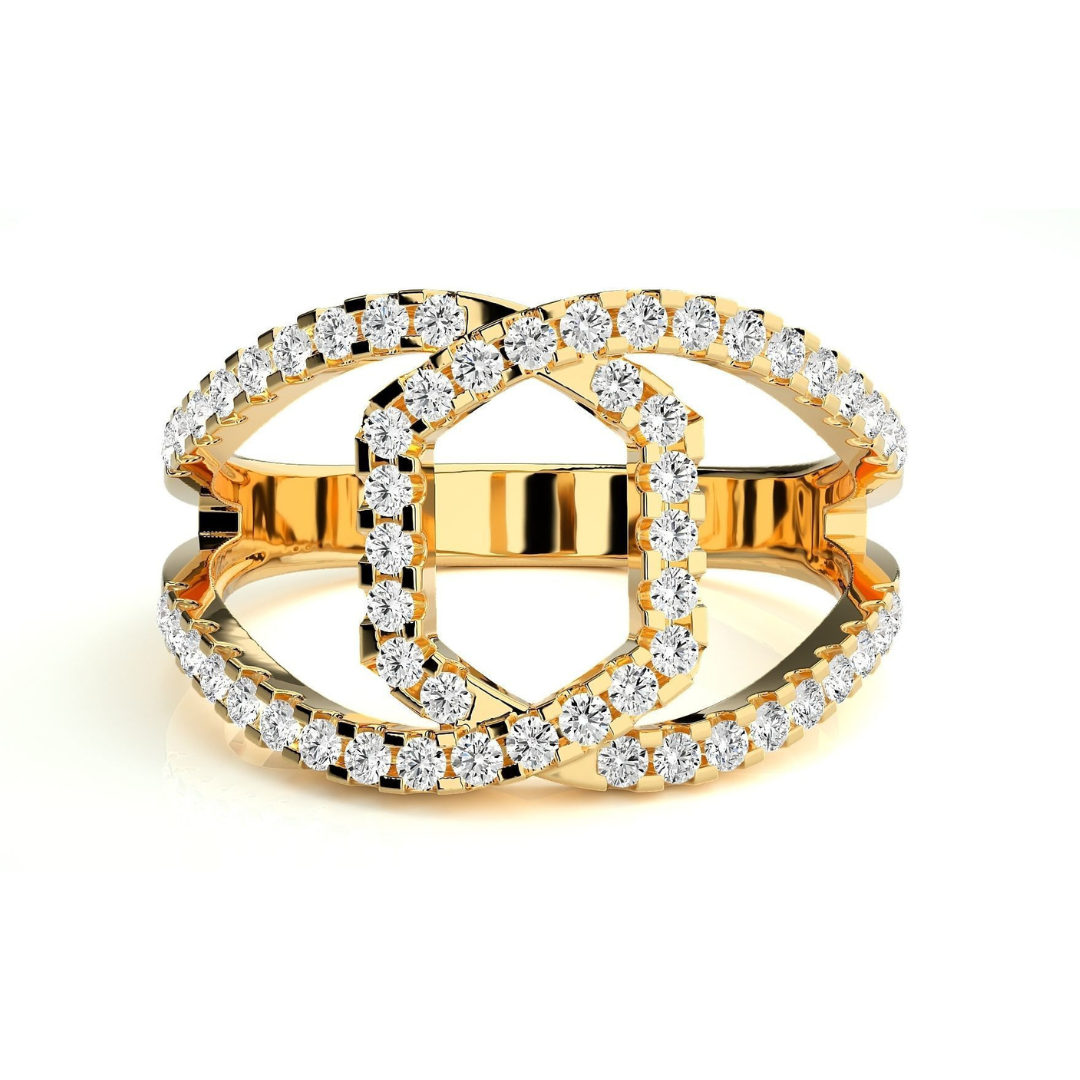 Micah Diamond Ring in gold featuring an openwork hexagonal design with two parallel diamond-studded arcs for a modern and elegant statement.