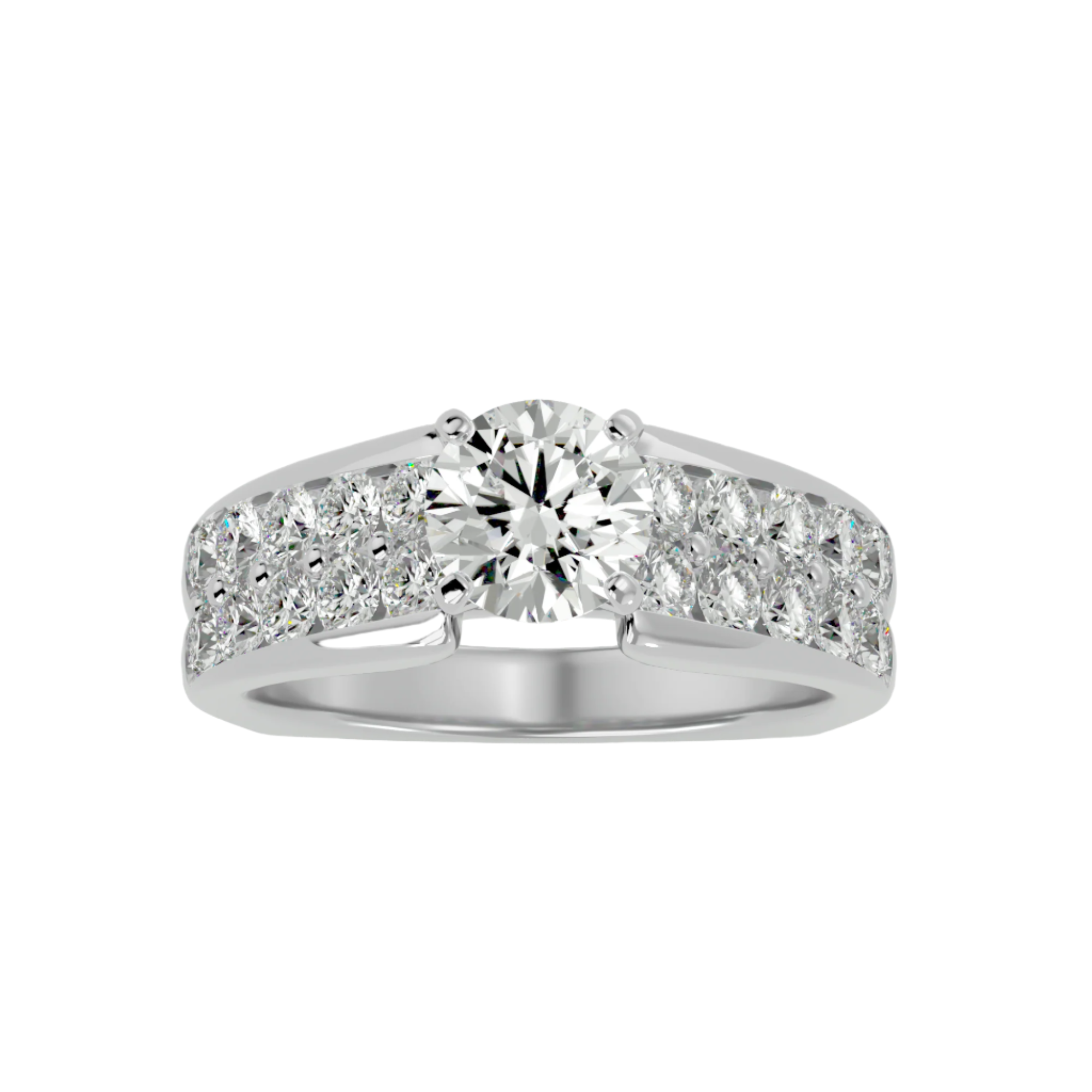 Antoinette Diamond Solitaire Ring featuring a center diamond framed by a double row of pave-set diamonds in a gold band.