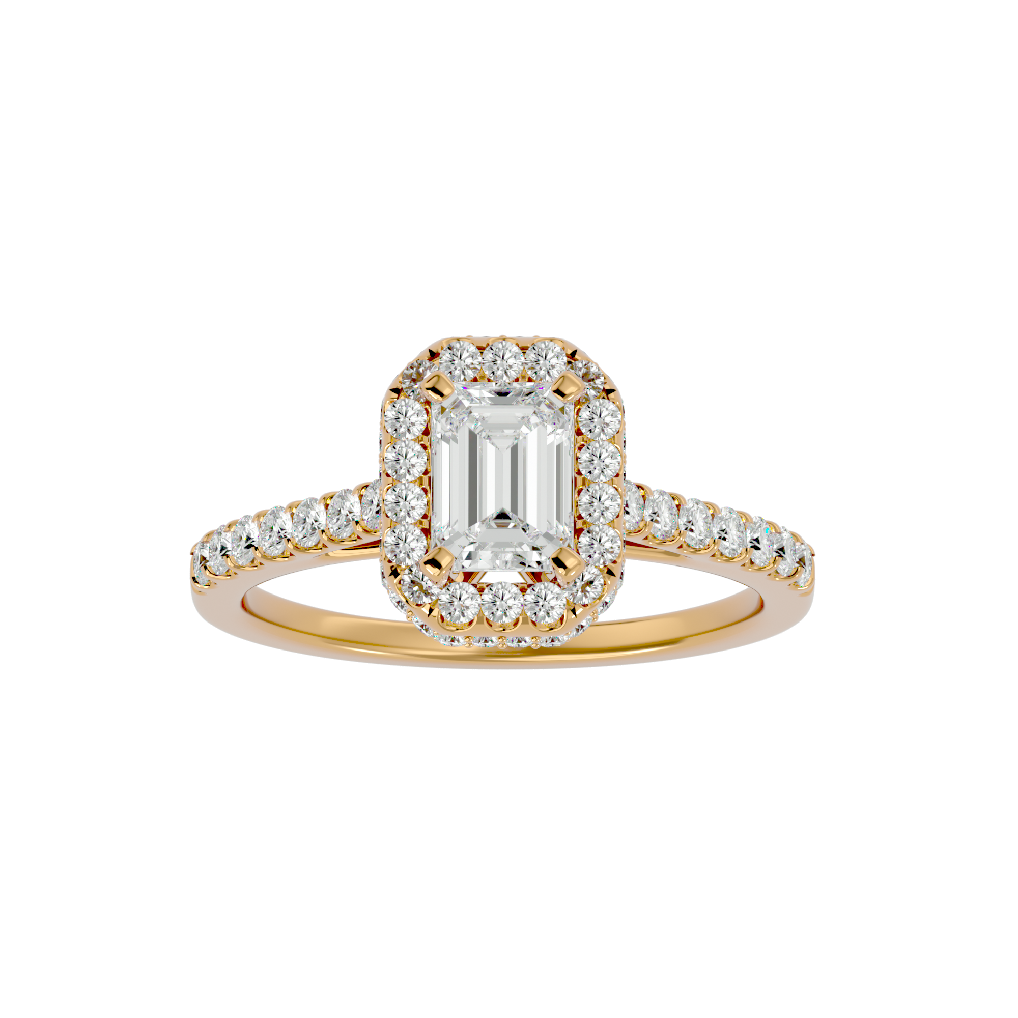 Fiorella Diamond Halo Ring featuring an emerald-cut center diamond, round diamond halo, and pavé-set diamond band in gold