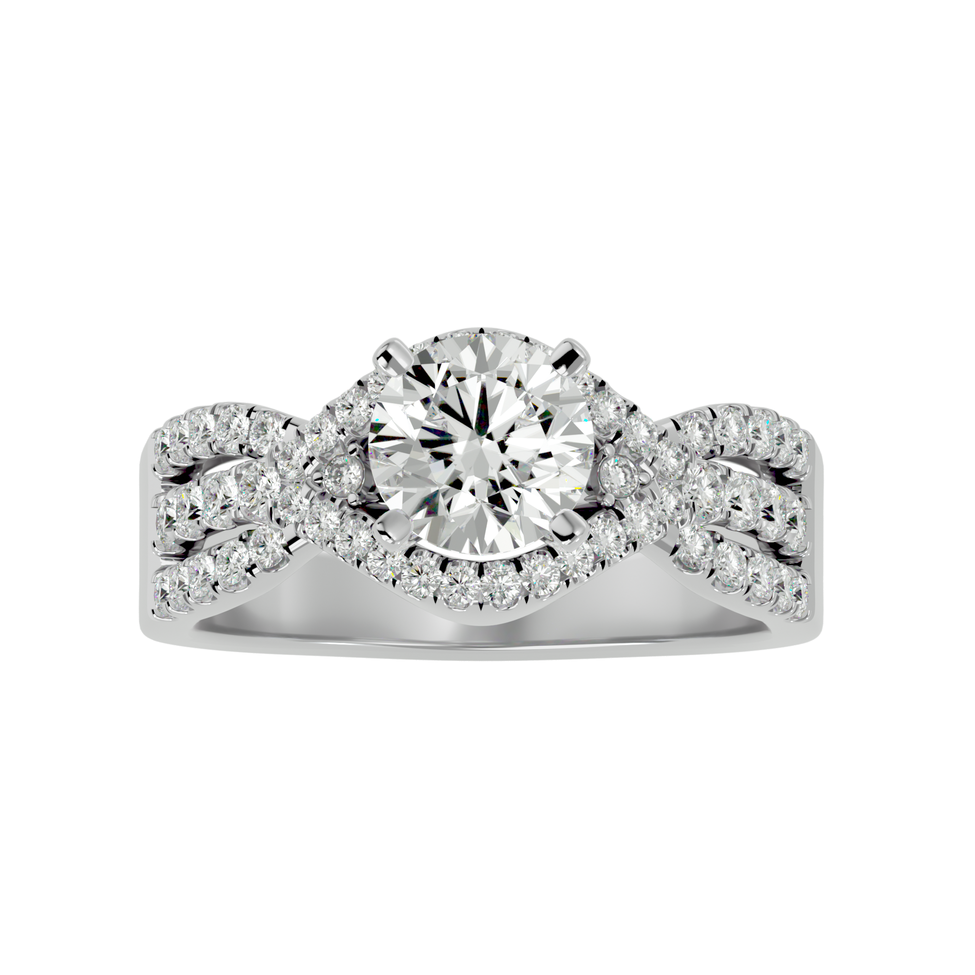 Beatrice Solitaire Ring with a halo setting featuring a center diamond surrounded by smaller diamonds and a diamond-studded band.