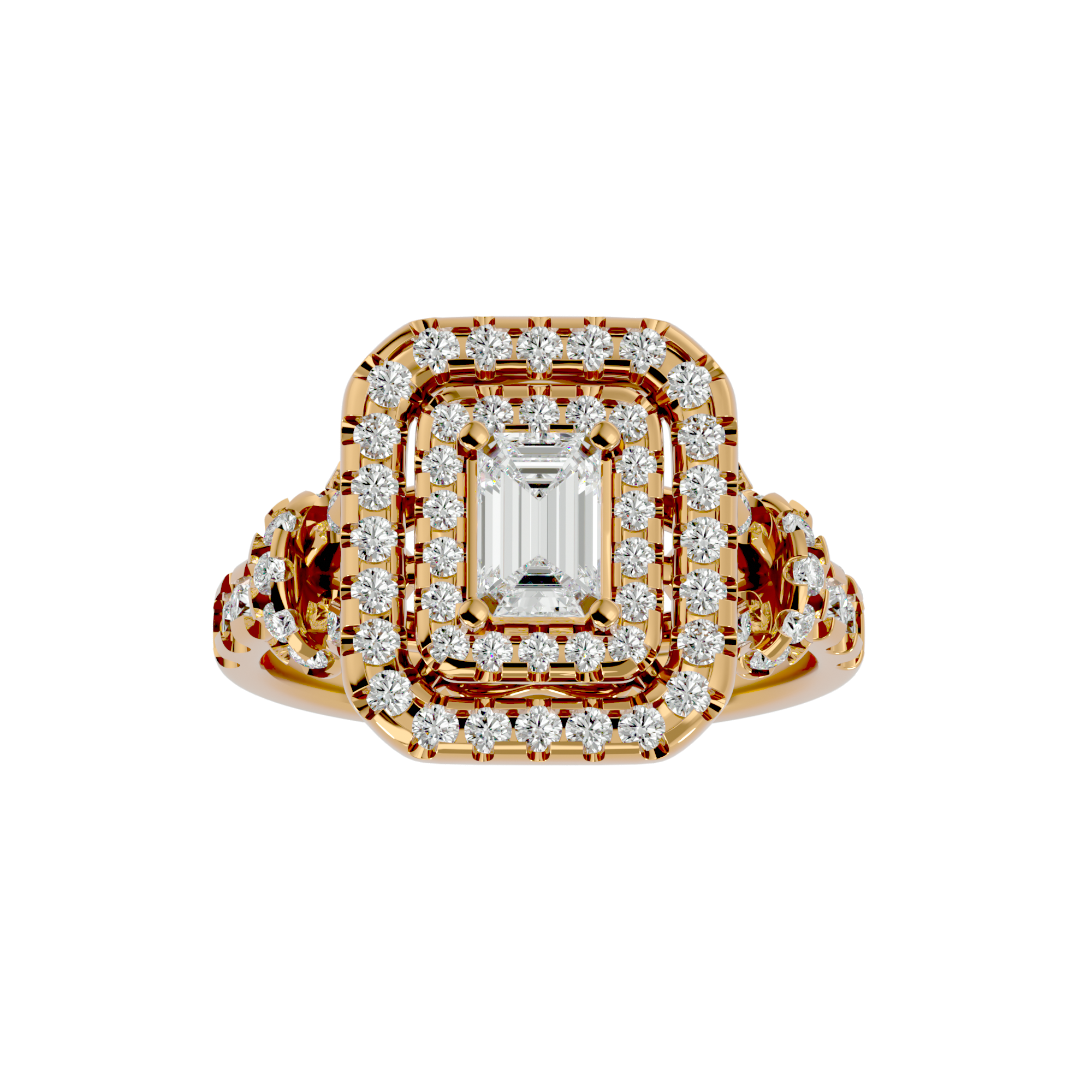 Florence Diamond Halo Ring with an emerald-cut center stone, double halo setting, and a diamond-encrusted gold band.