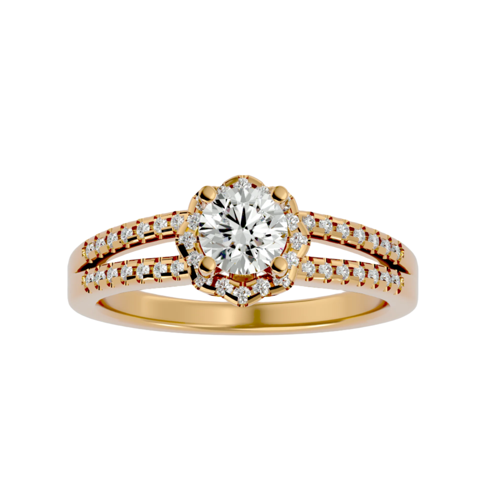 Louisa Diamond Halo Ring in gold with a round-cut center diamond and split-shank design.