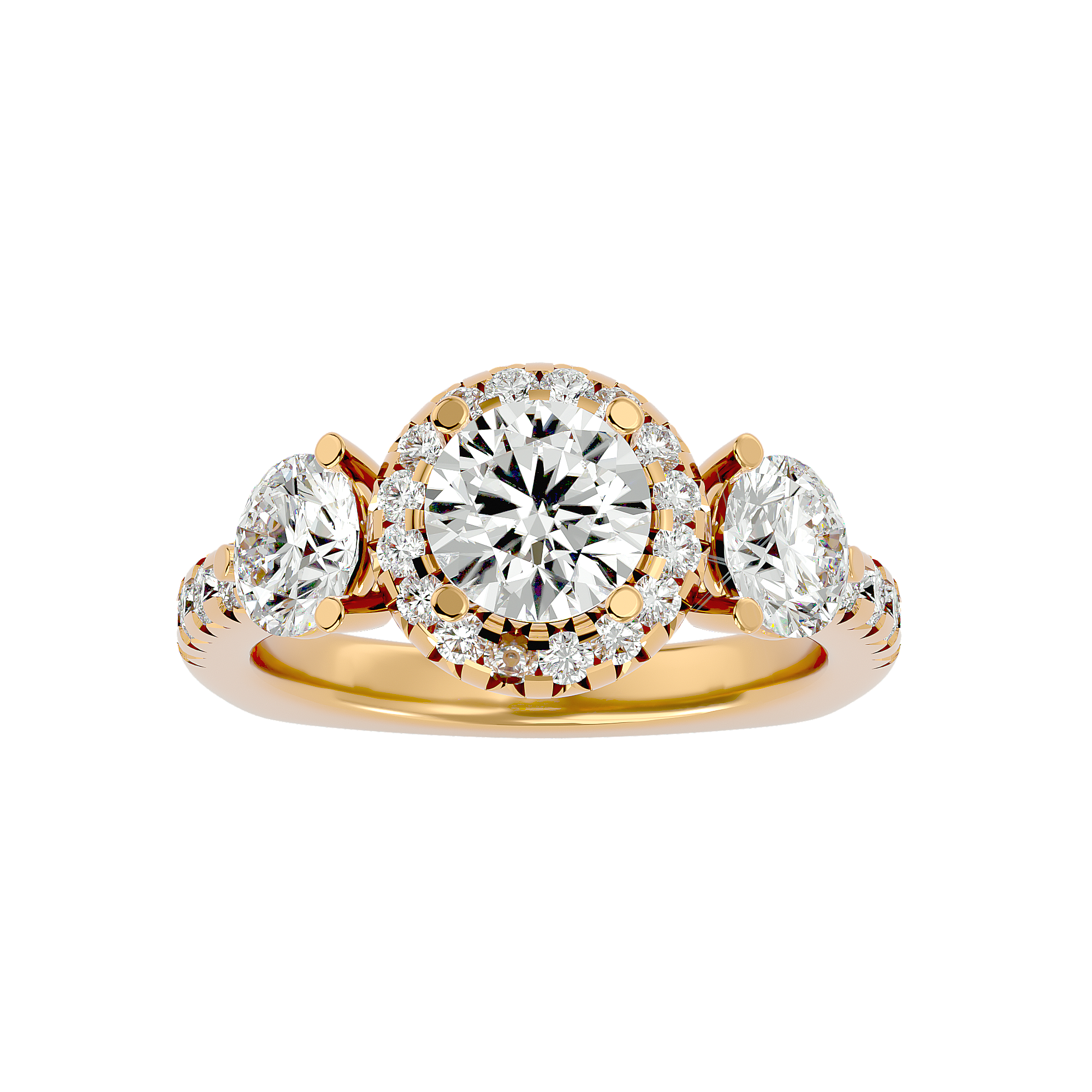 Coretta Three Stone Diamond Ring with a halo-set center diamond and sparkling side stones in gold.