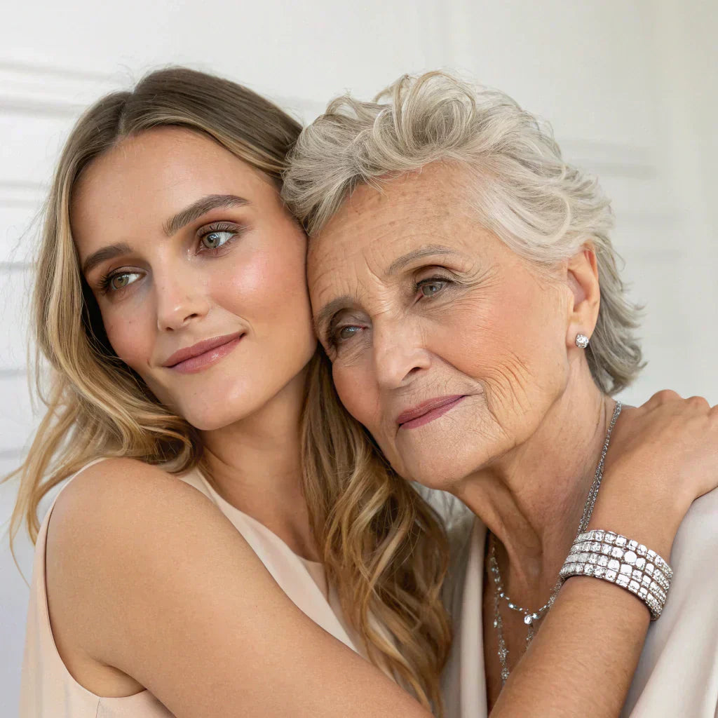 Mother and daughter wearing Lab diamond jewelry and smiling together