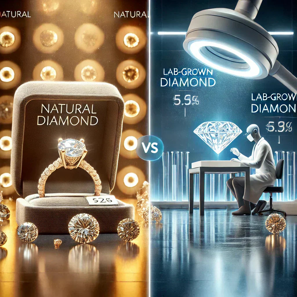 Jewelry market trends: Natural diamond in a gold-lit showcase vs. a scientist designing a lab-grown diamond with advanced technology.