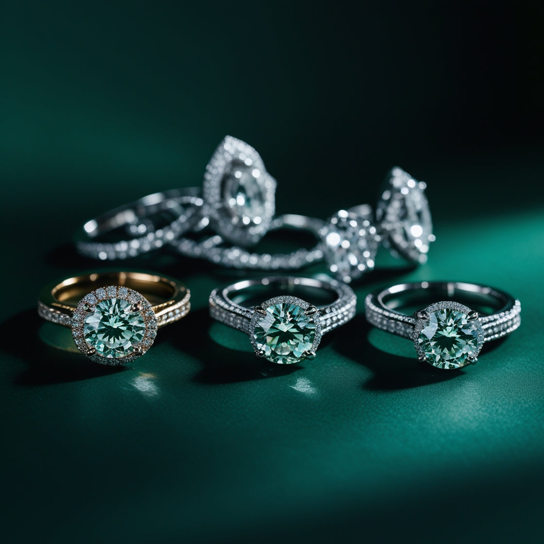 Elegant diamond rings with green gemstones on a dark green surface.