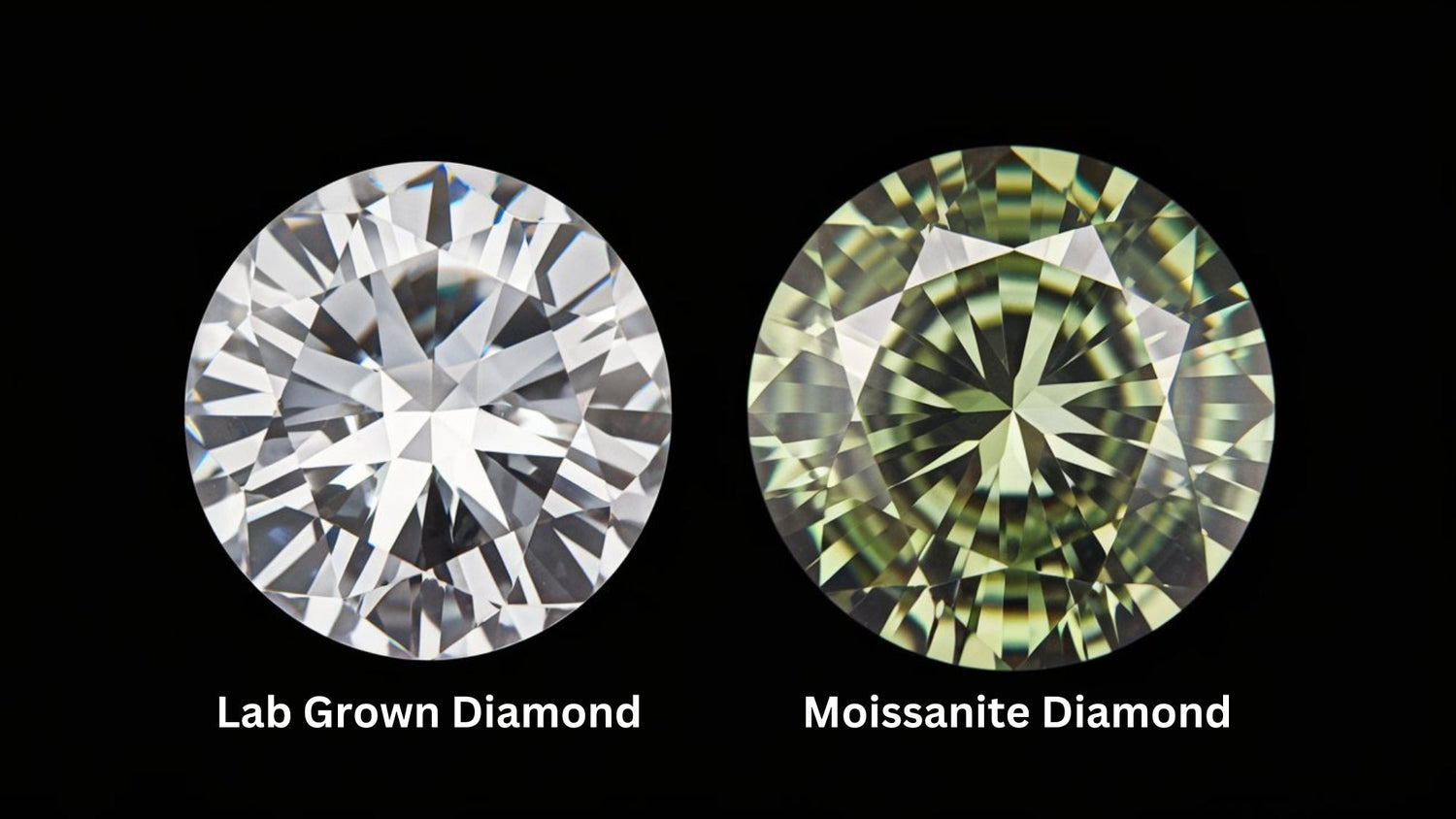 Side-by-side comparison of a lab-grown diamond and a moissanite diamond, highlighting differences in brilliance, color, and clarity.